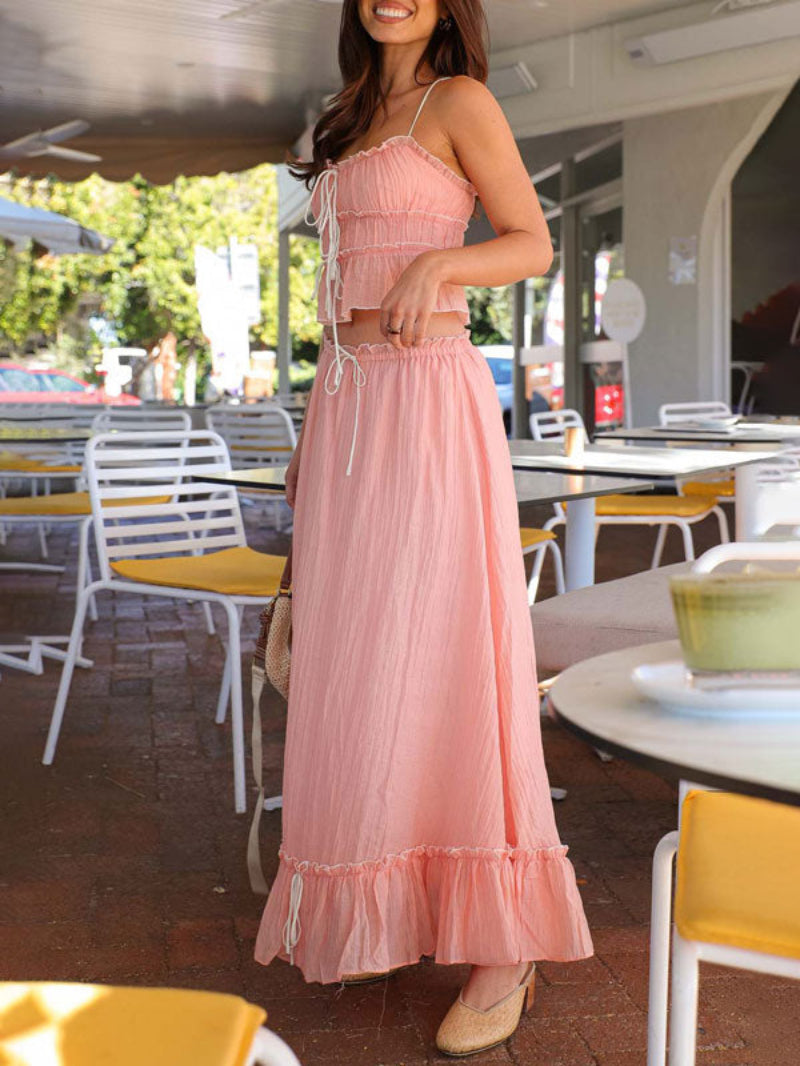 Ruched Crop Top Maxi Skirt Two Piece Set