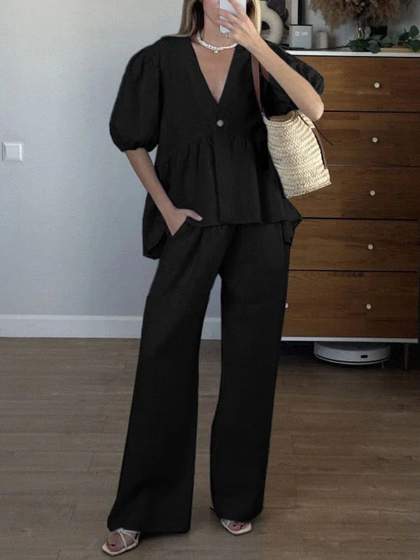 Ruffled Bubble Sleeve Two Piece Pants Set