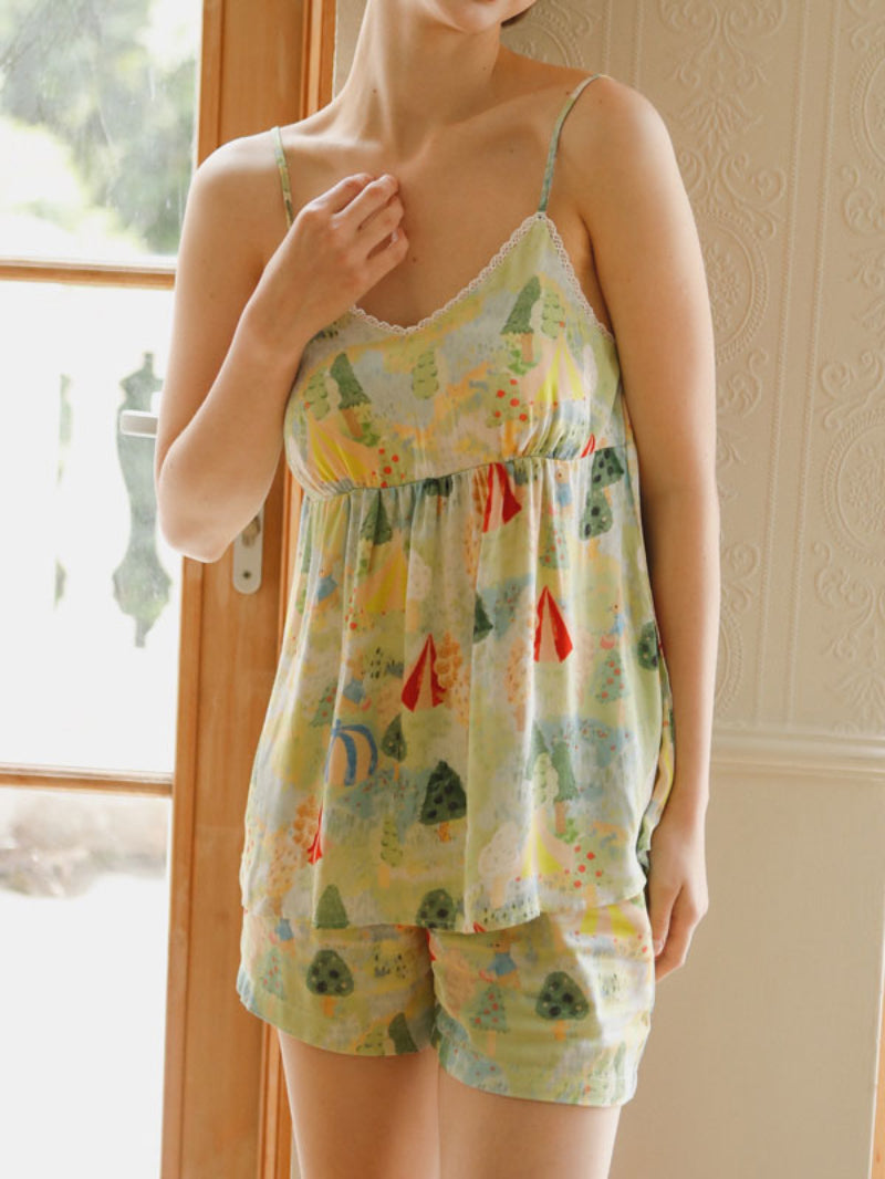 Sleeveless Lace Trim Printed Pajama Set