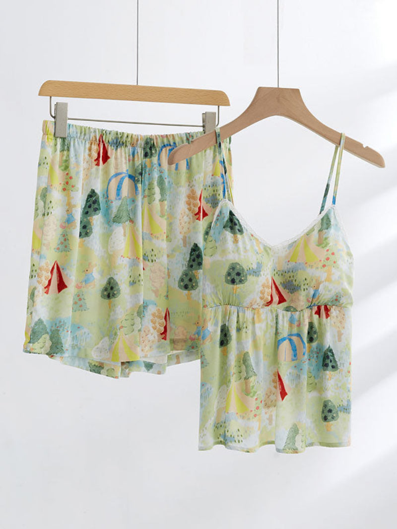 Sleeveless Lace Trim Printed Pajama Set