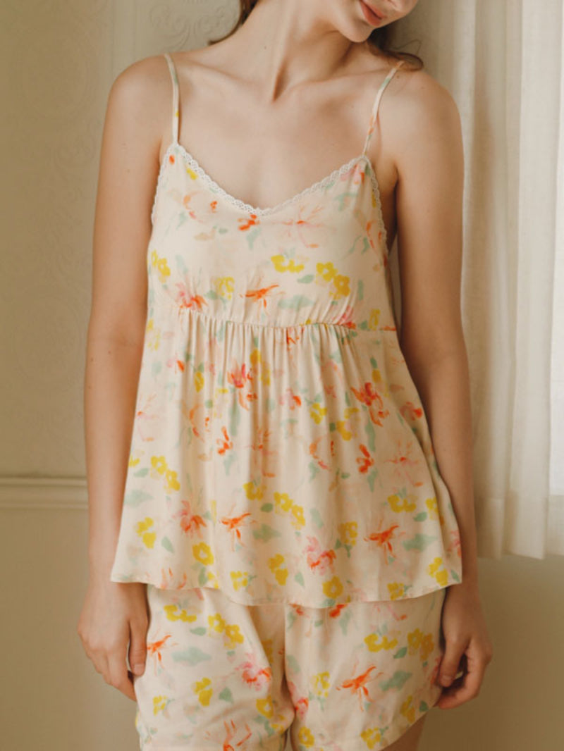 Sleeveless Lace Trim Printed Pajama Set