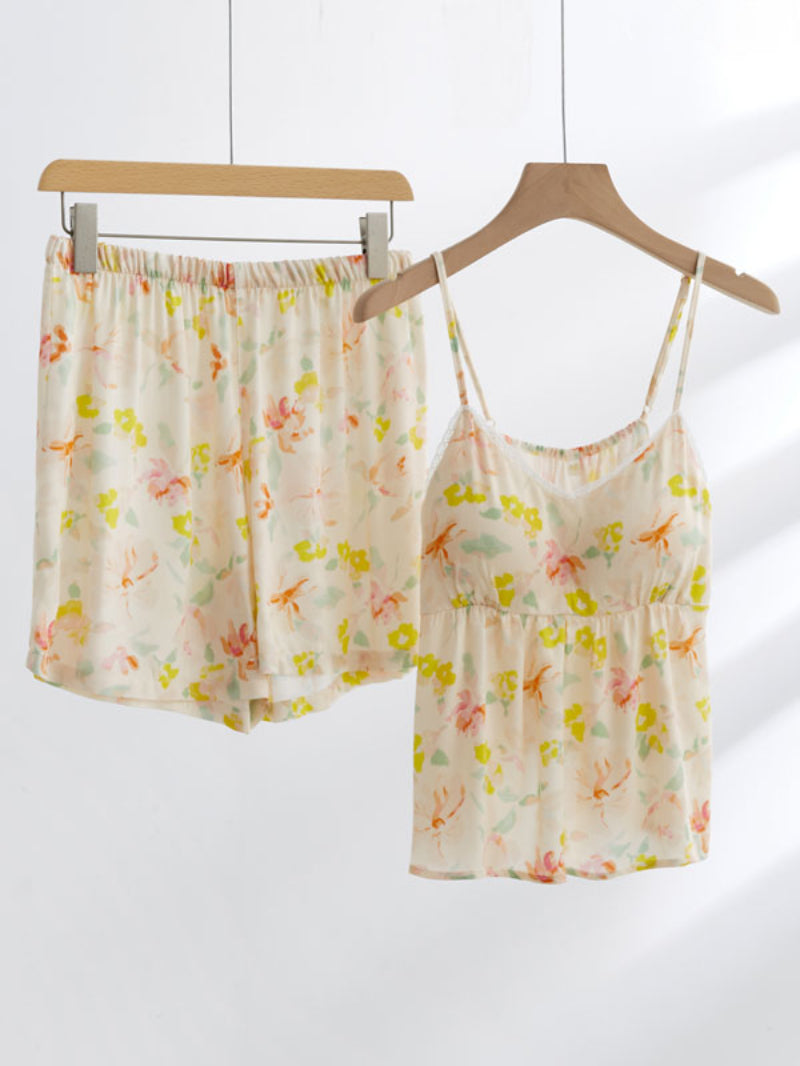 Sleeveless Lace Trim Printed Pajama Set