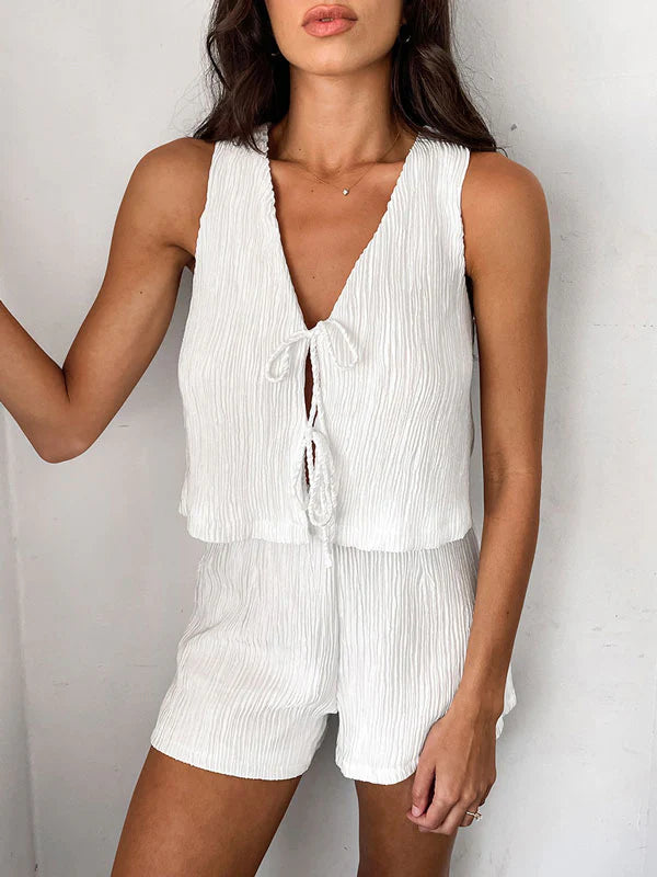 Solid Tie Front Vest & Shorts Set