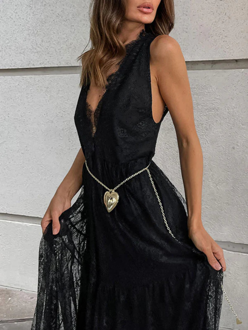 V Neck Sleeveless Lace Maxi Dress