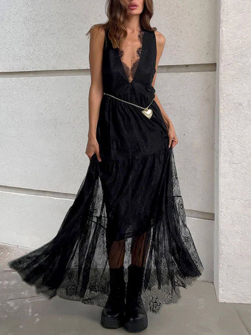 V Neck Sleeveless Lace Maxi Dress
