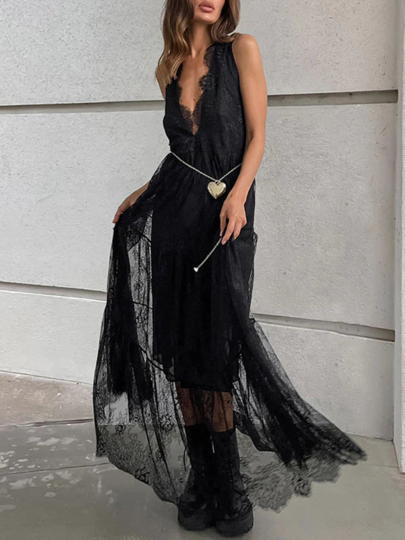 V Neck Sleeveless Lace Maxi Dress