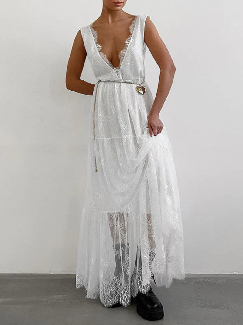 V Neck Sleeveless Lace Maxi Dress