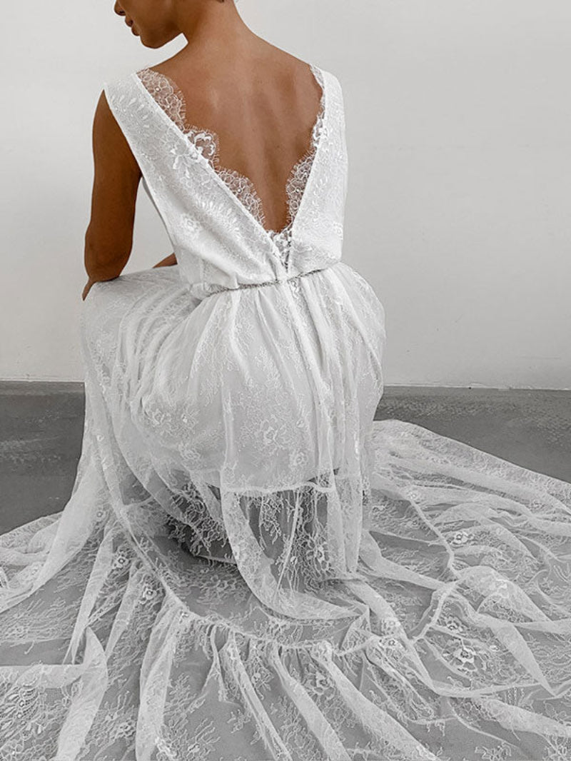 V Neck Sleeveless Lace Maxi Dress