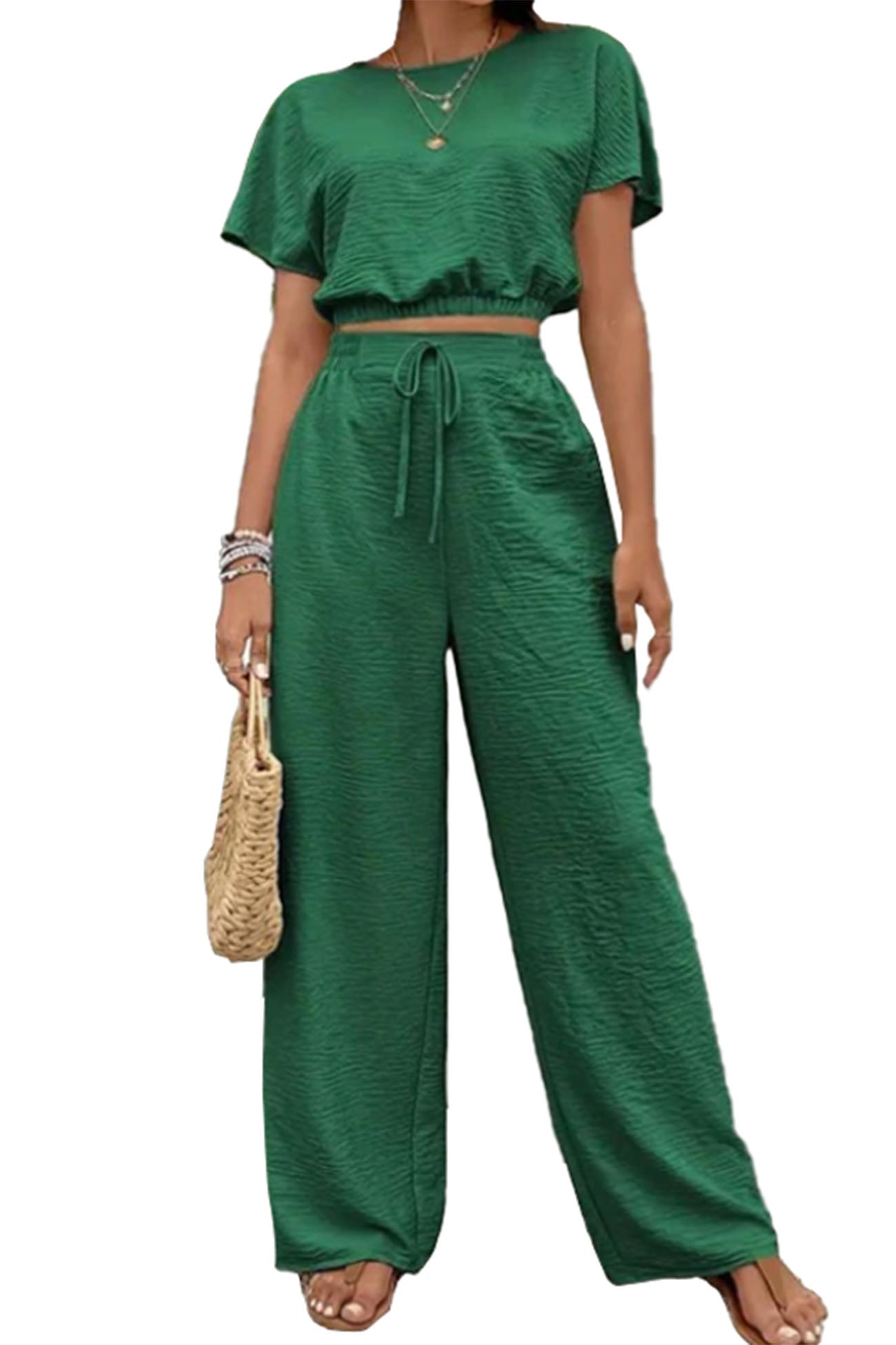 Batwing Sleeve Drawstring Straight Long Pants Set