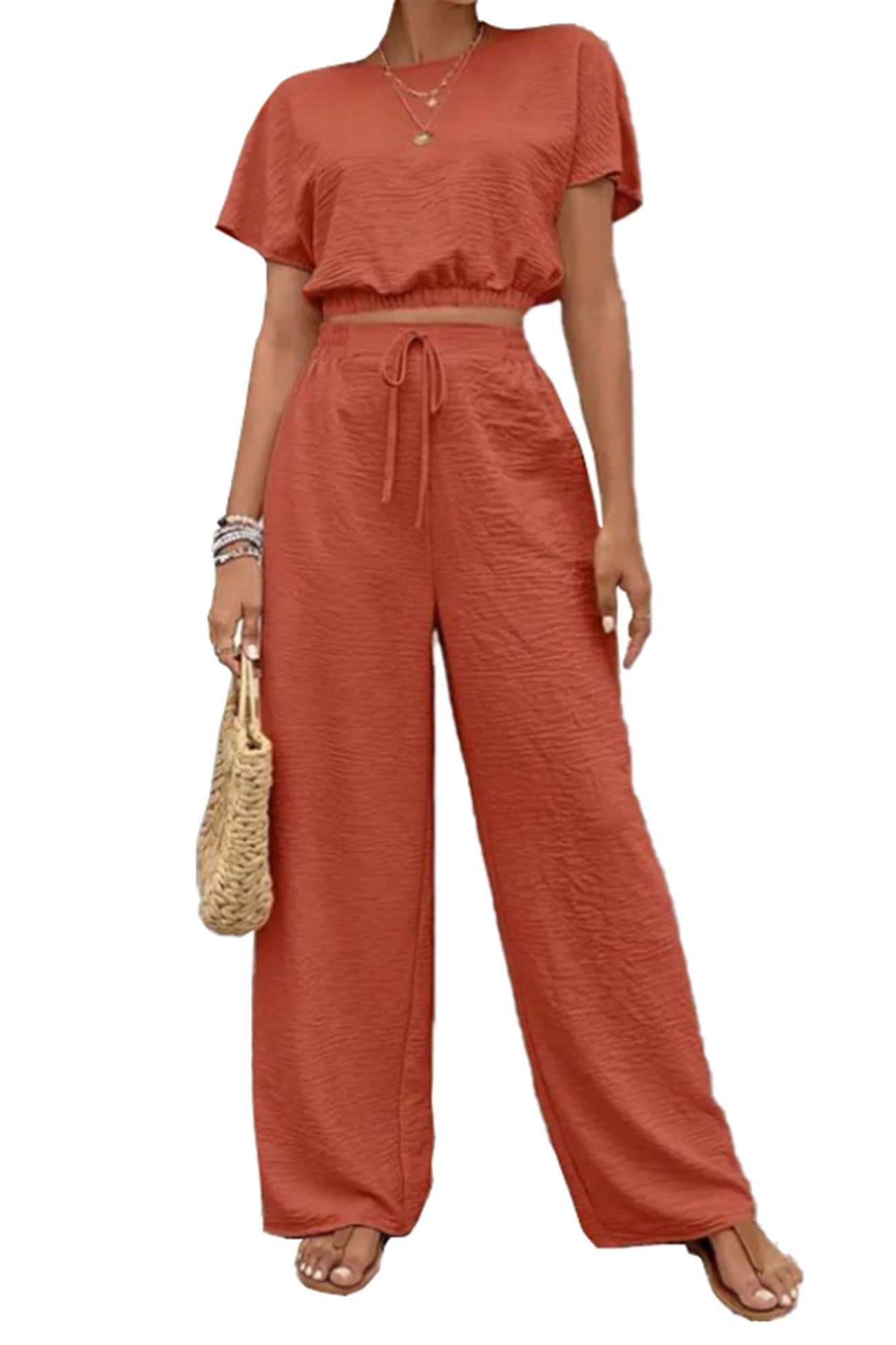 Batwing Sleeve Drawstring Straight Long Pants Set