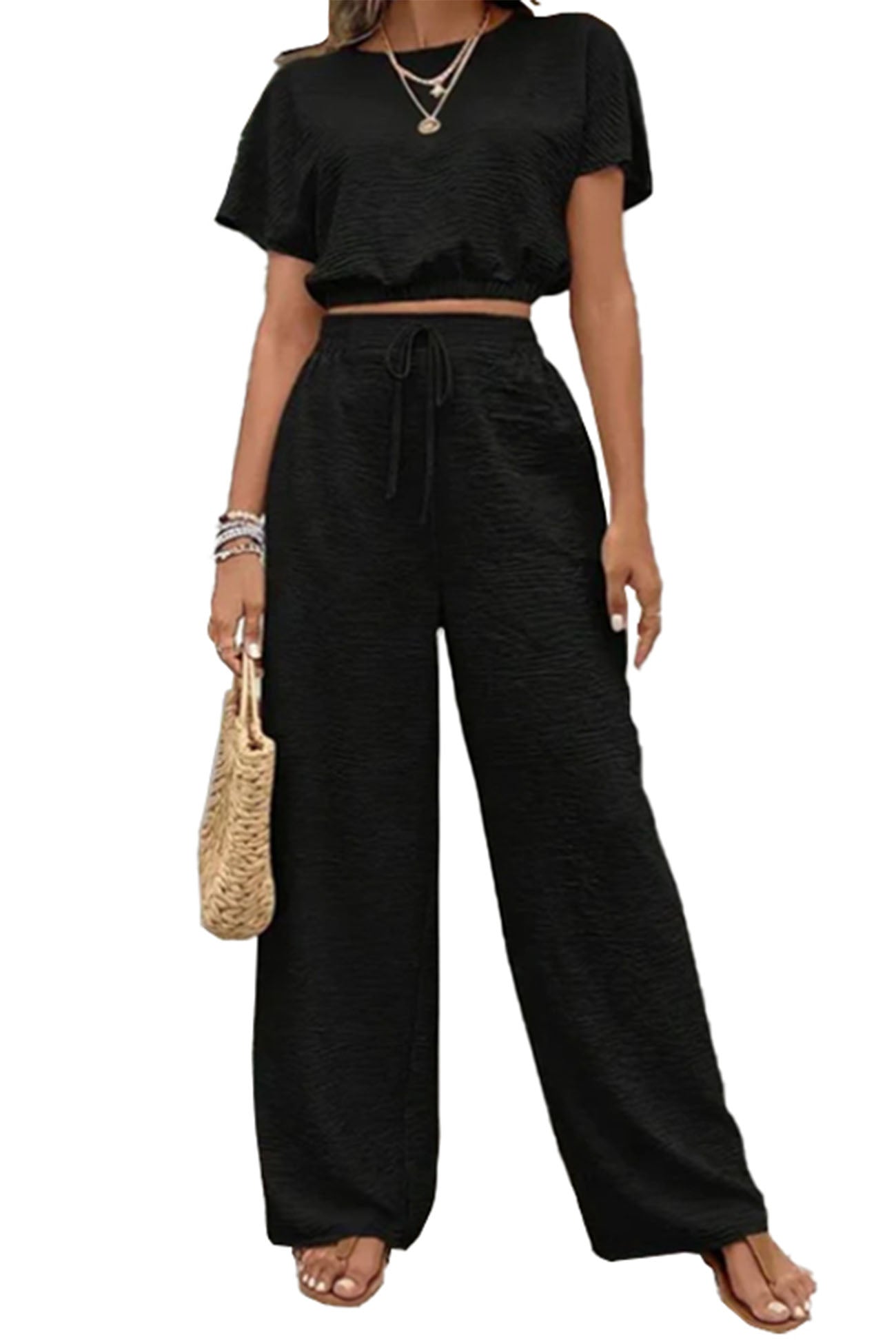 Batwing Sleeve Drawstring Straight Long Pants Set