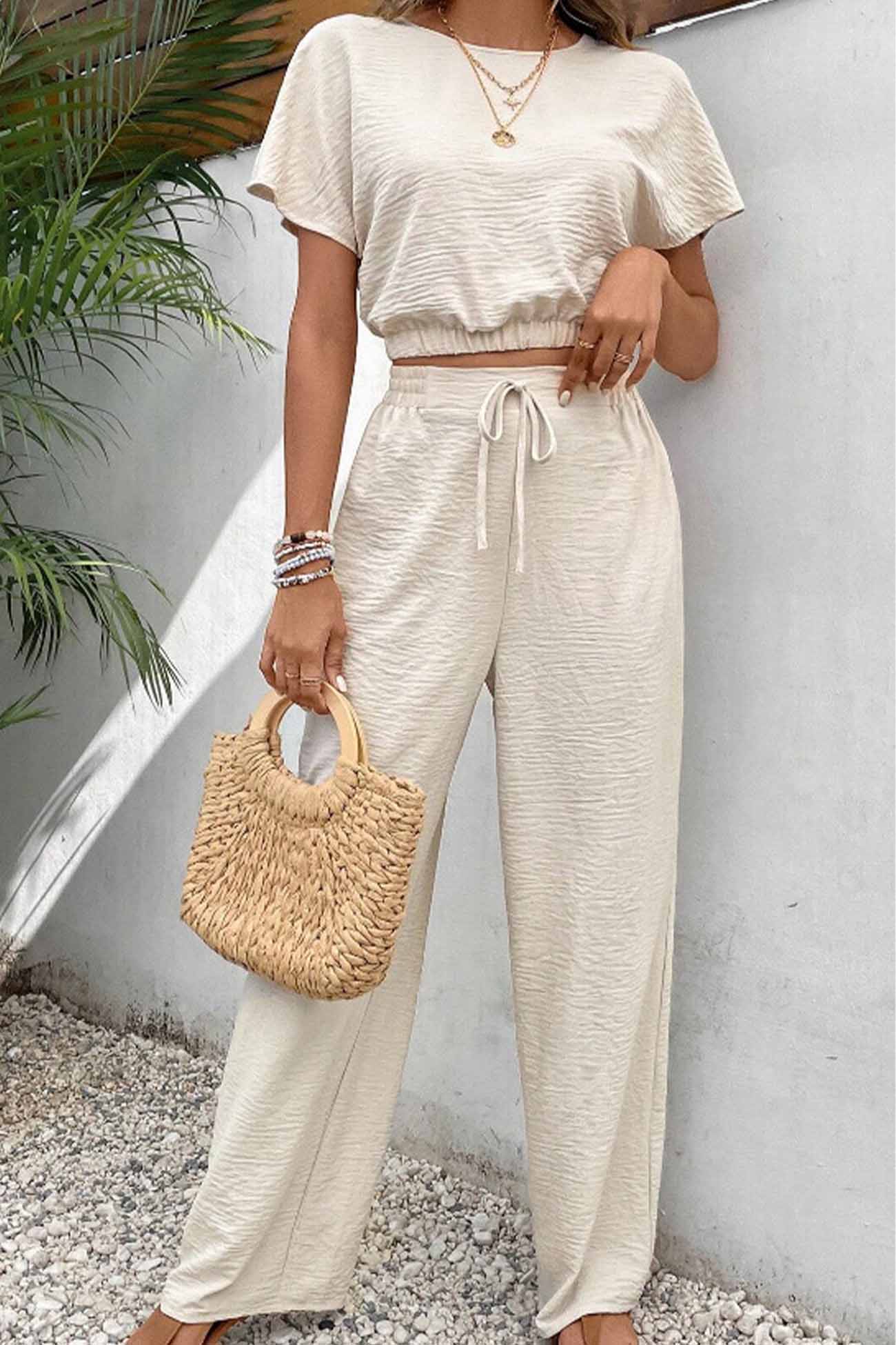 Batwing Sleeve Drawstring Straight Long Pants Set