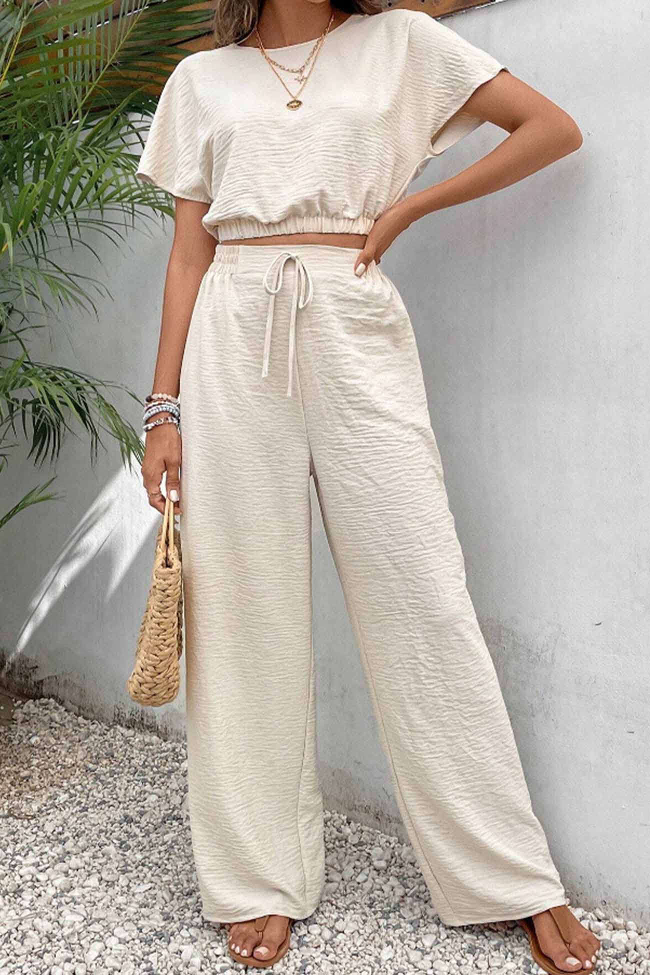 Batwing Sleeve Drawstring Straight Long Pants Set