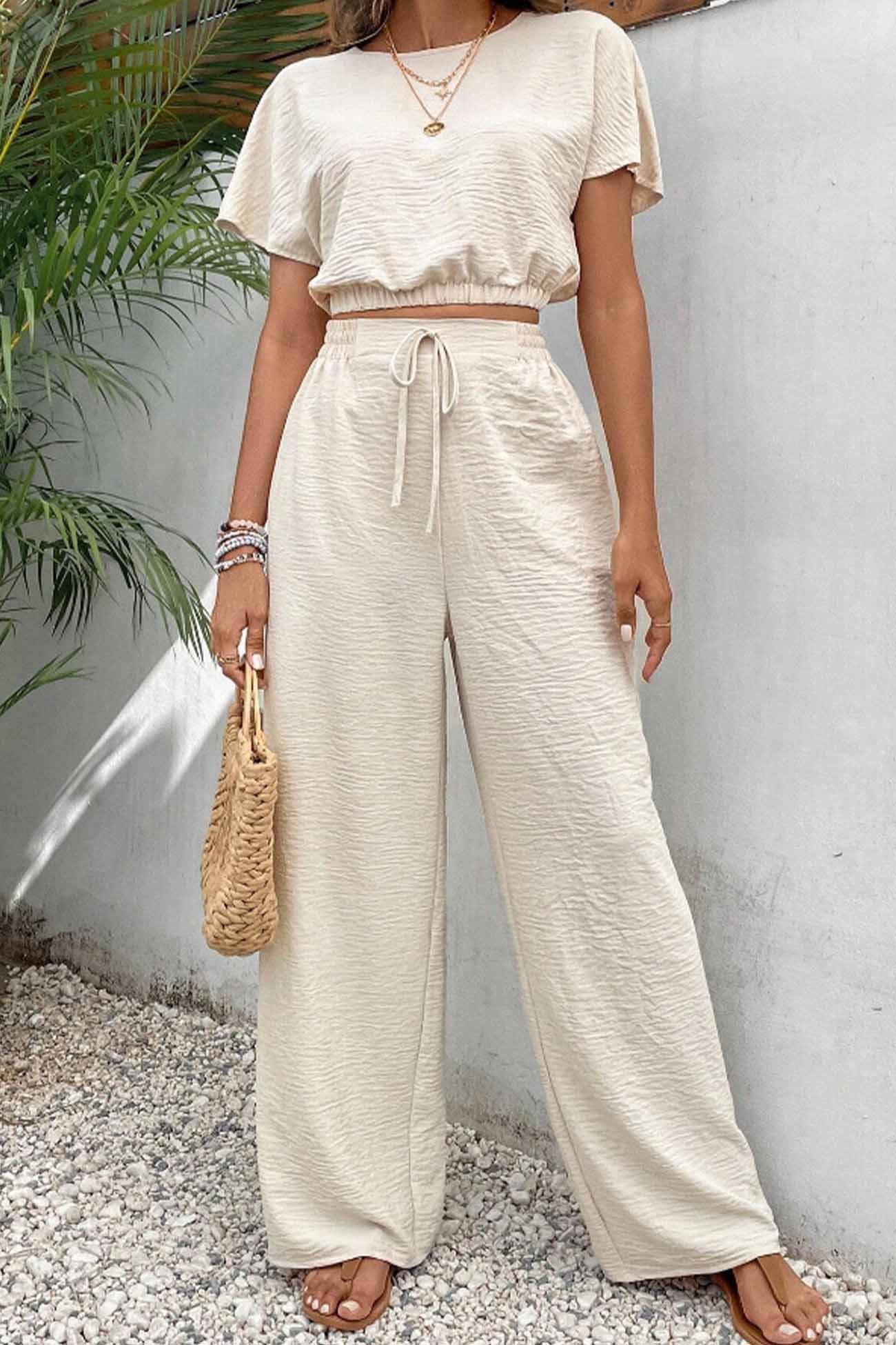 Batwing Sleeve Drawstring Straight Long Pants Set