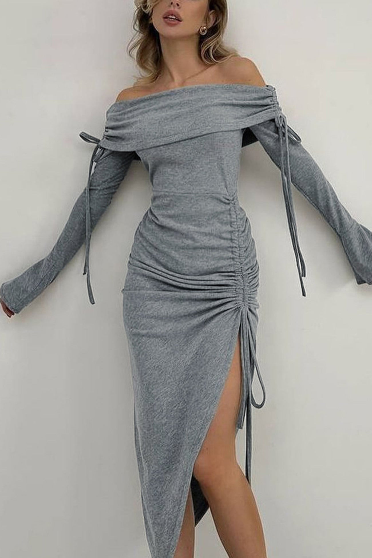 Boat Neck Drawstring Slit Dress