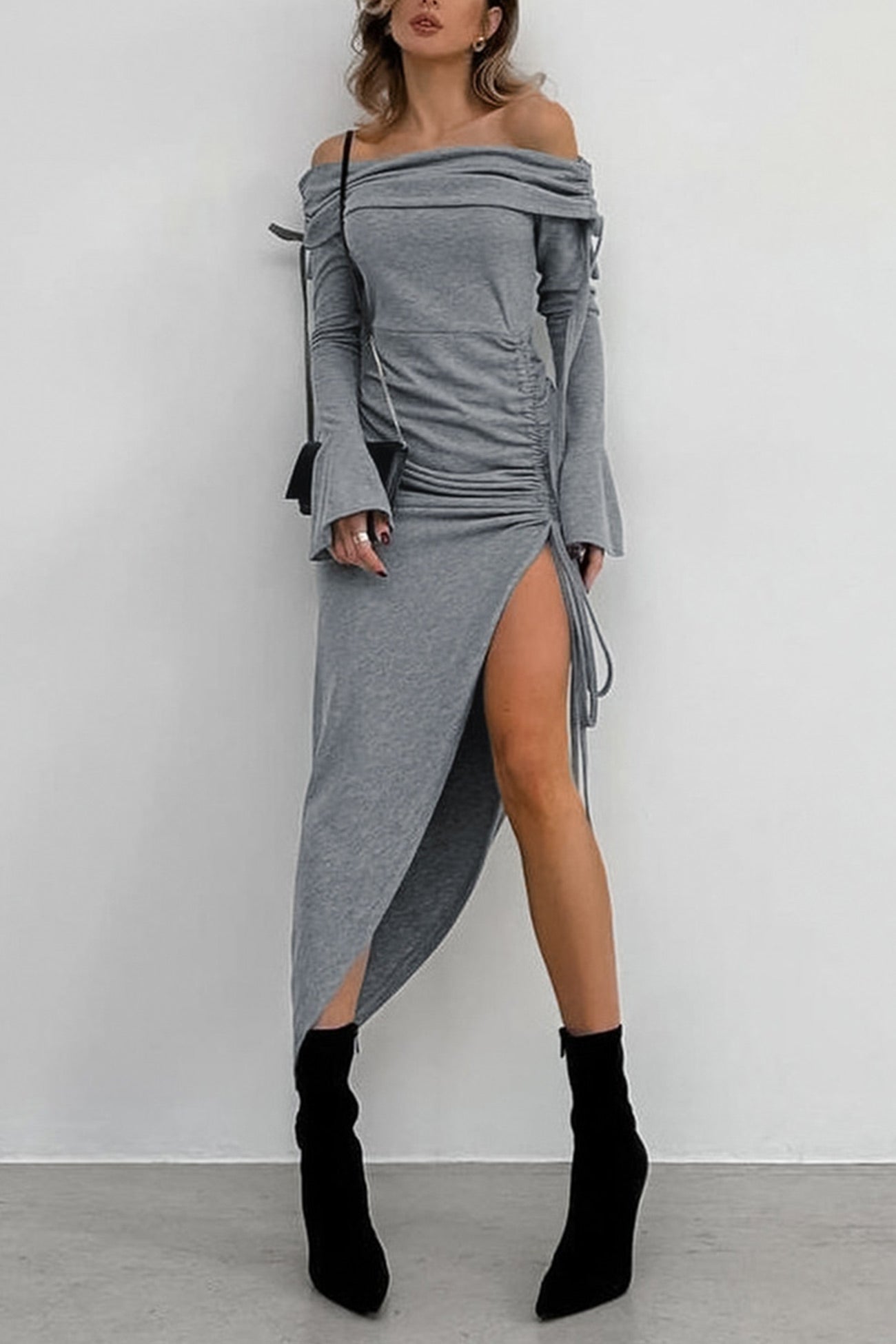 Boat Neck Drawstring Slit Dress