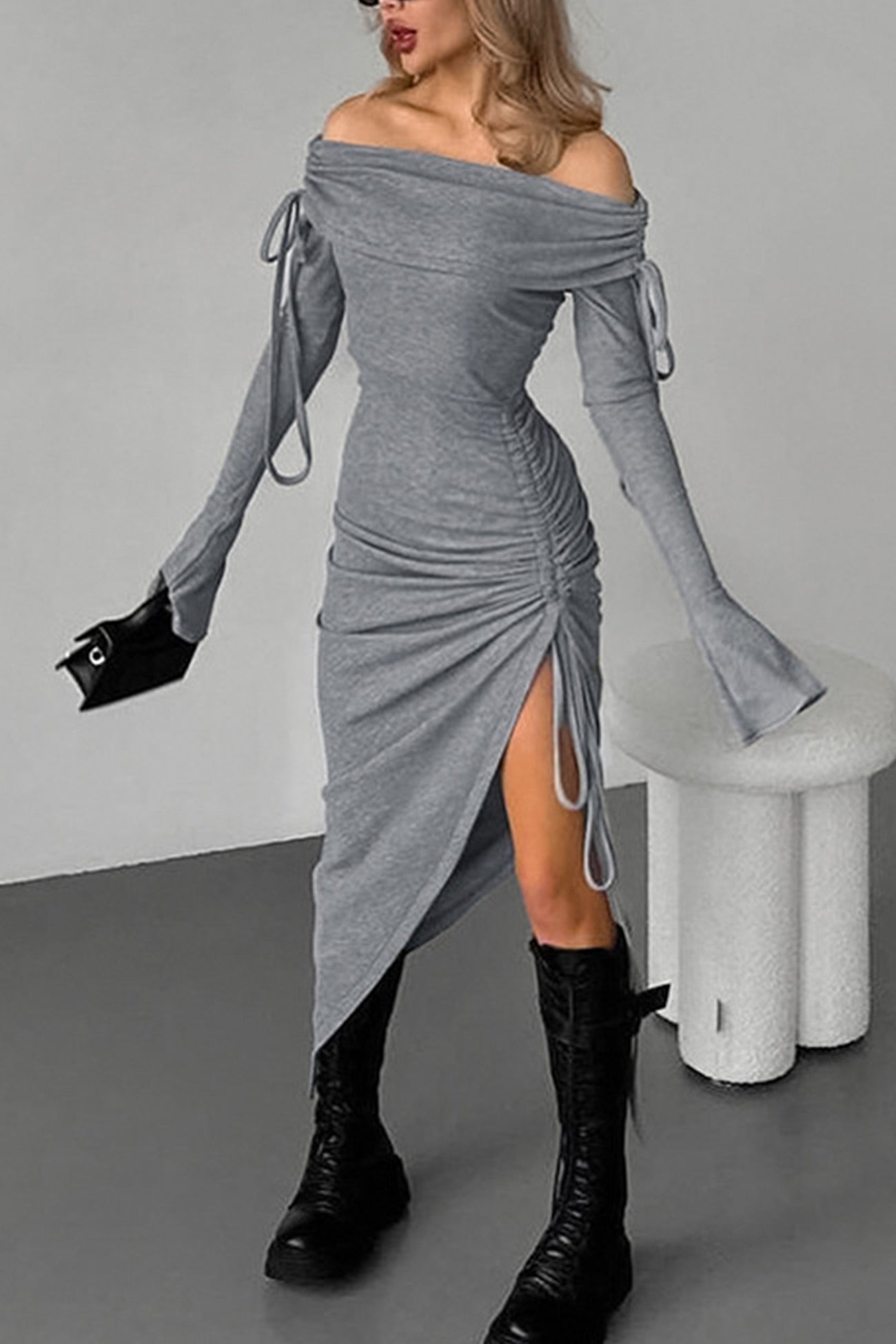 Boat Neck Drawstring Slit Dress