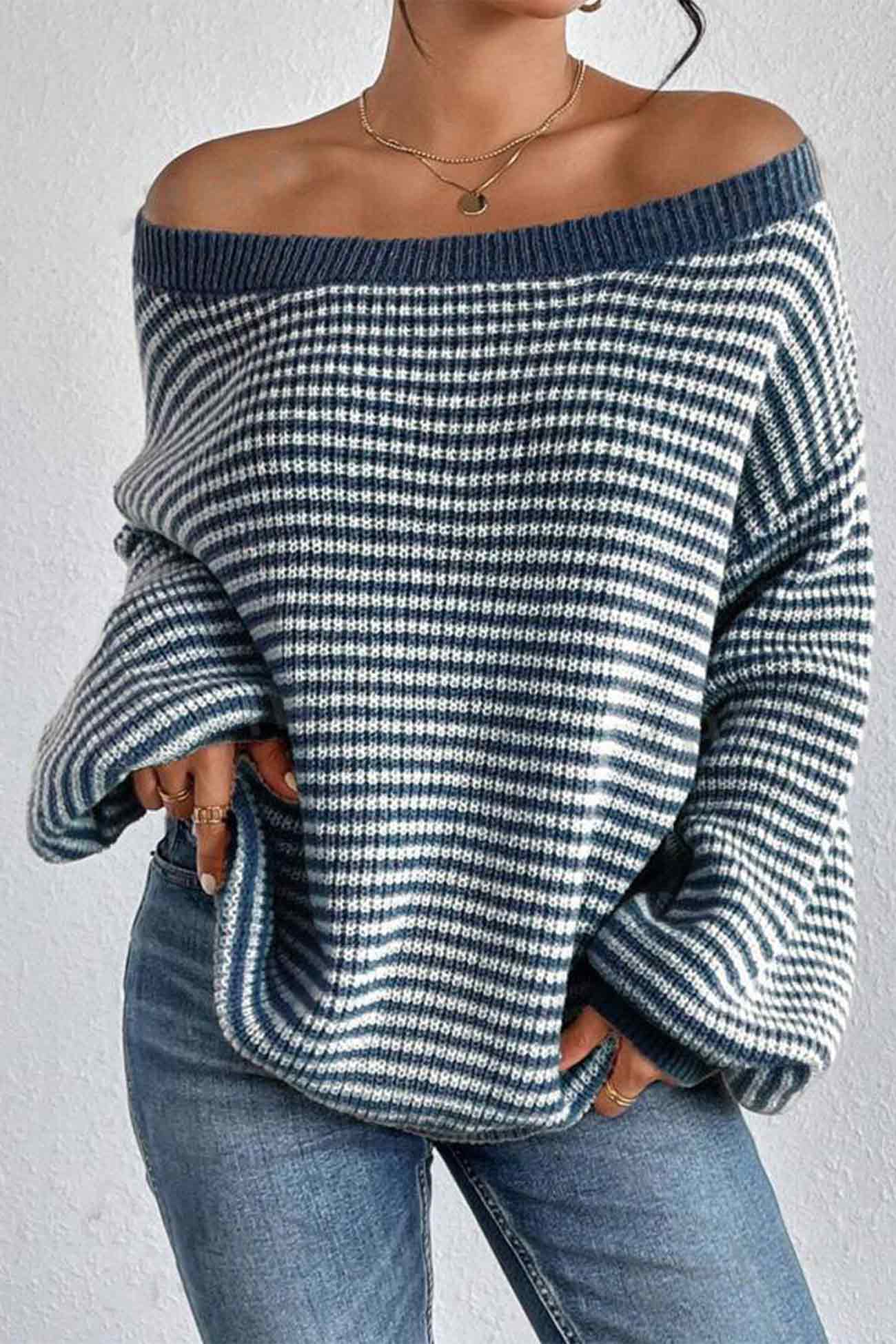 Boat Neck Drop Shoulder Striped Sweater