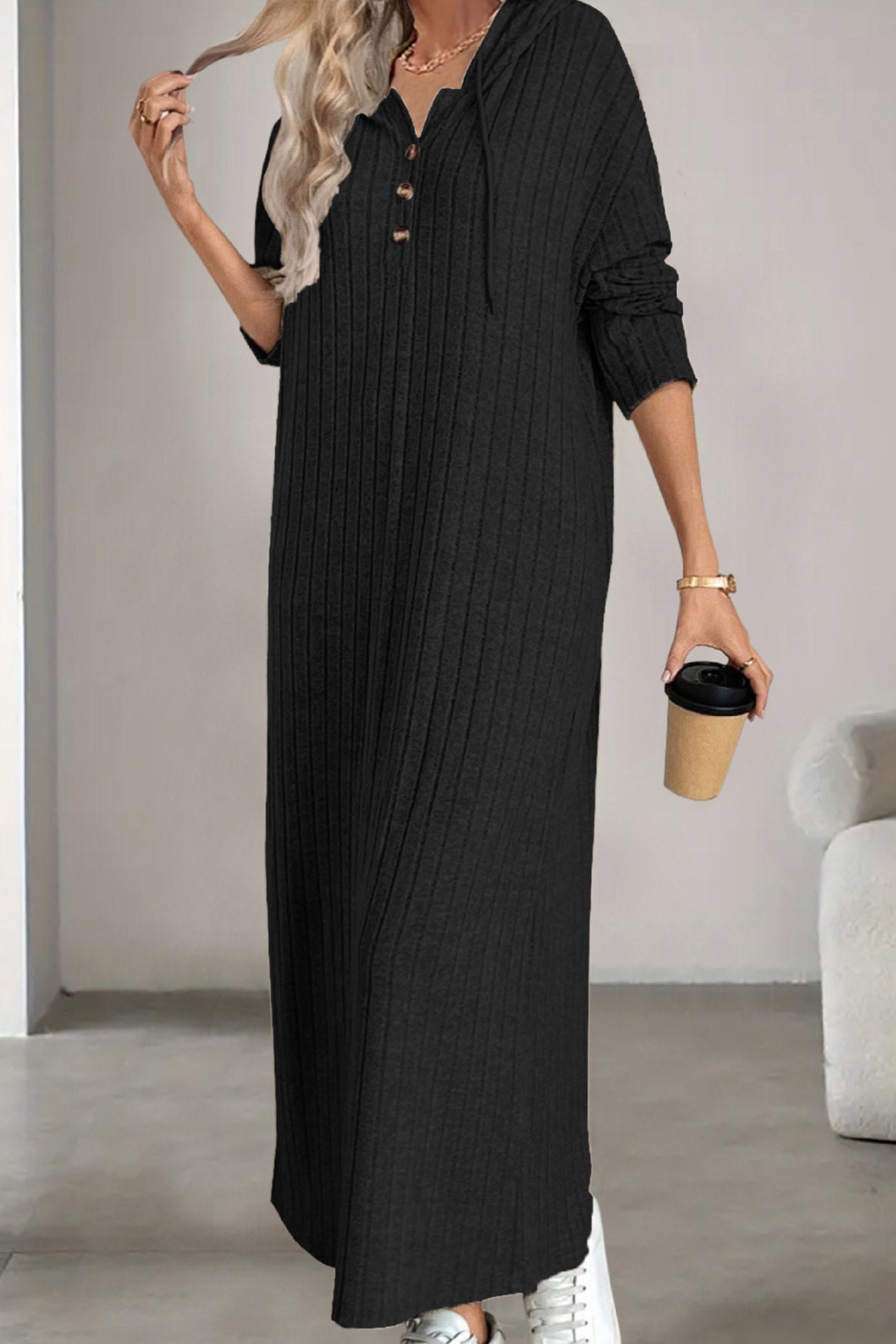 Button-down Ribbed Knit Hooded Dress