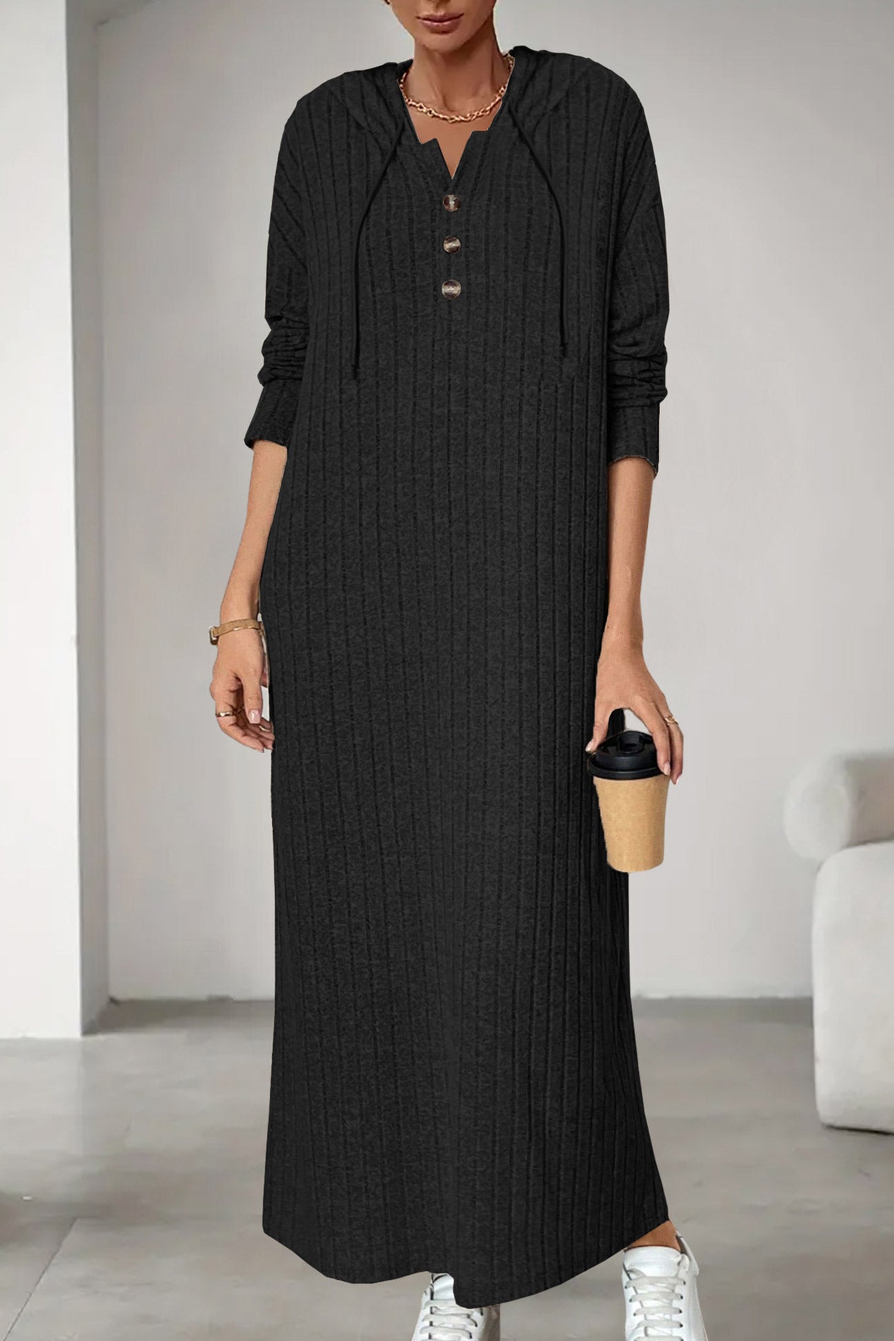 Button-down Ribbed Knit Hooded Dress