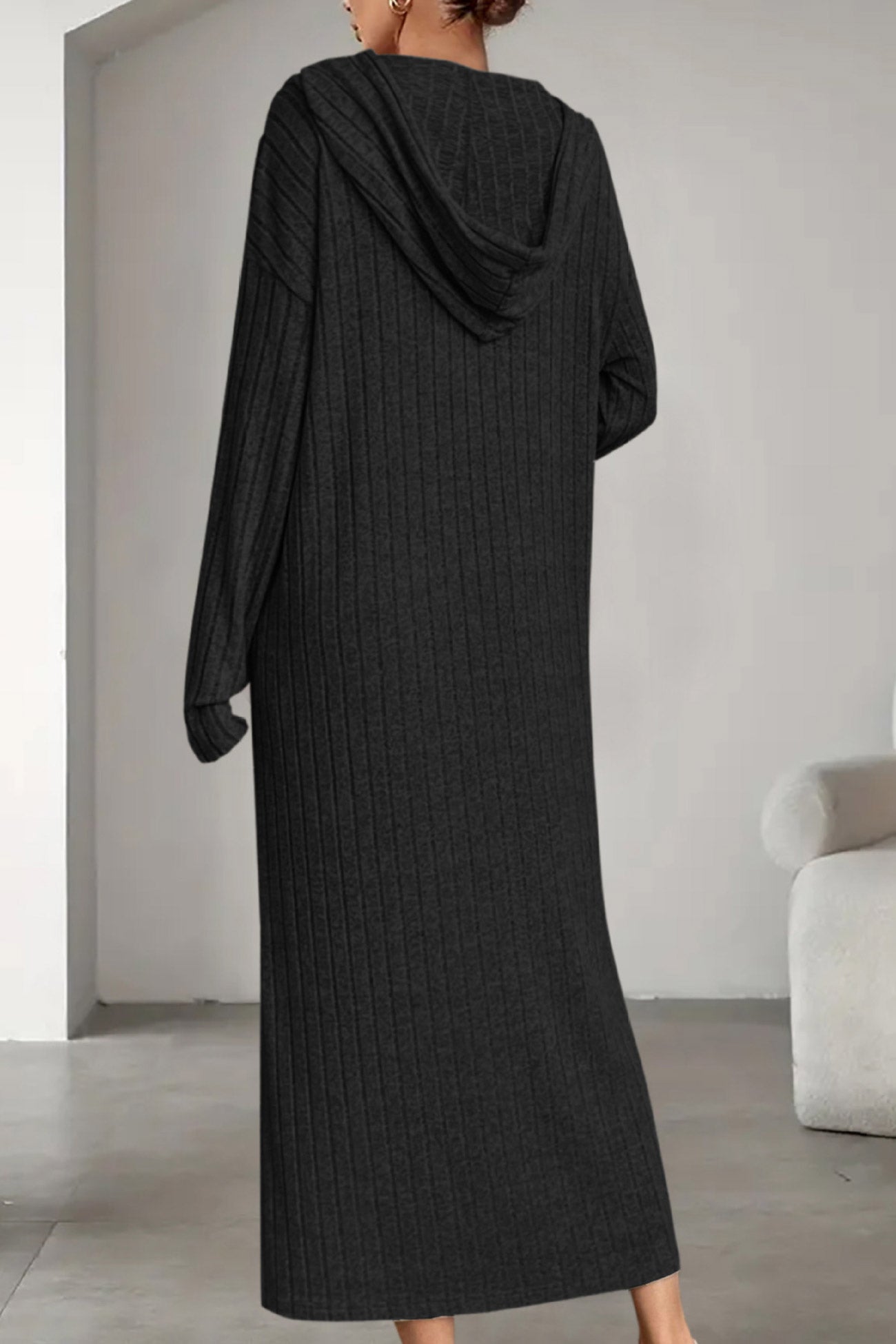 Button-down Ribbed Knit Hooded Dress