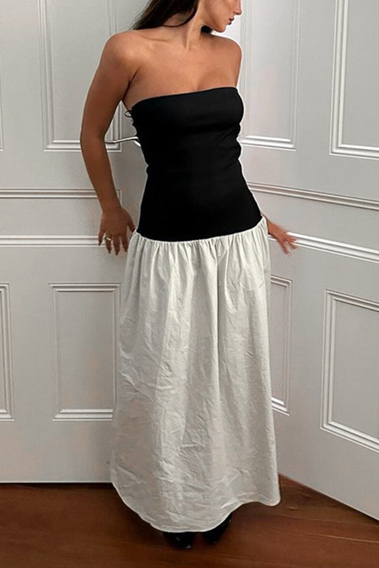 Contrast Strapless Ruched Dress