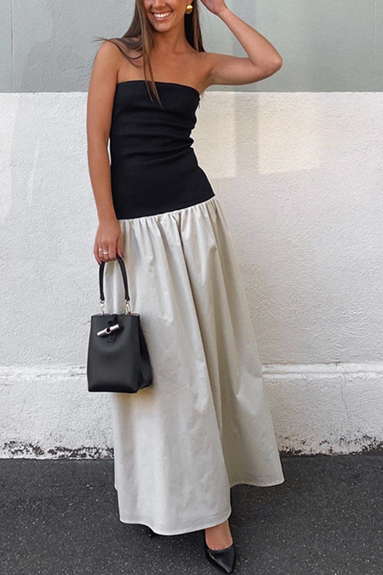 Contrast Strapless Ruched Dress