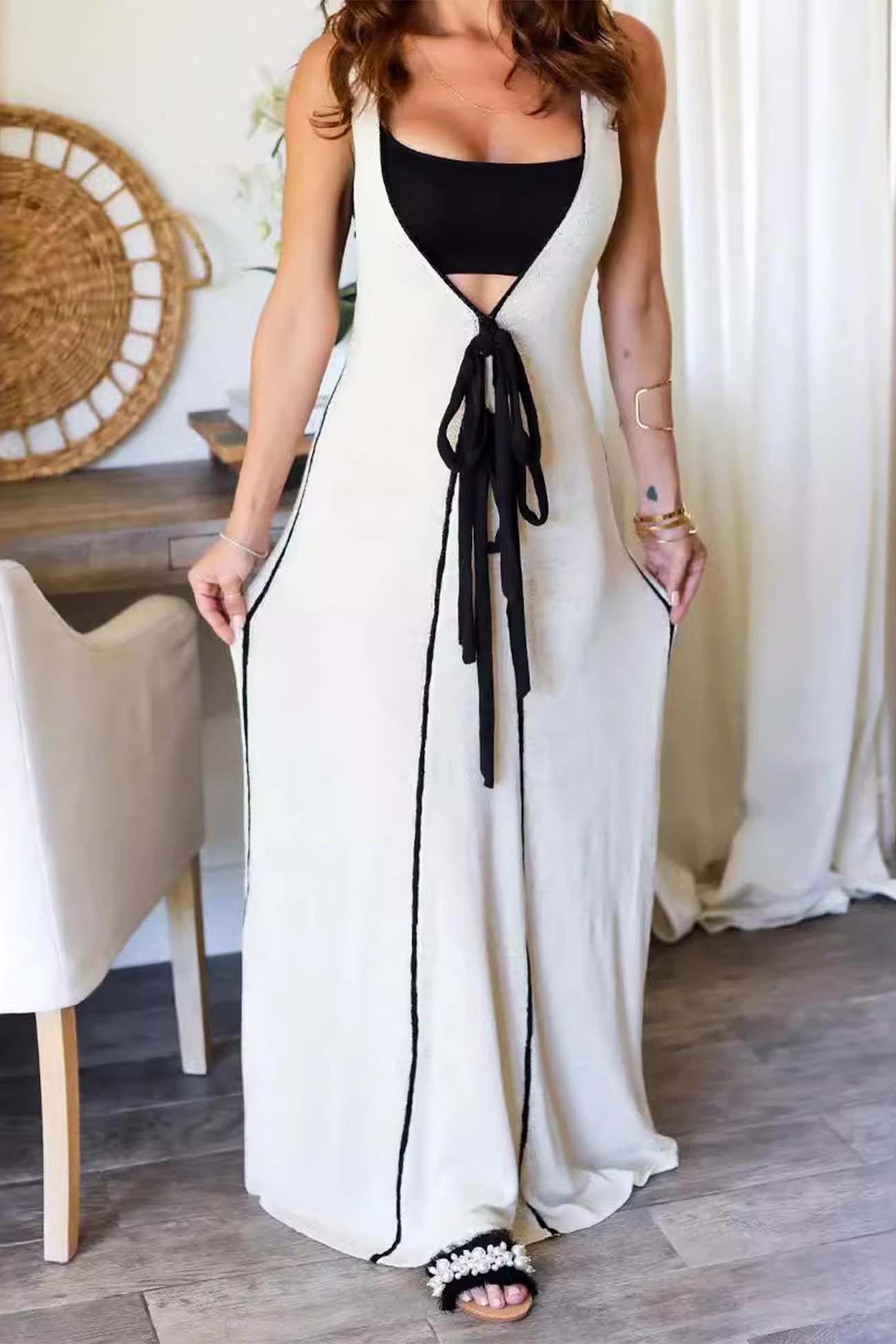 Contrast Deep V Neck Tank Dress