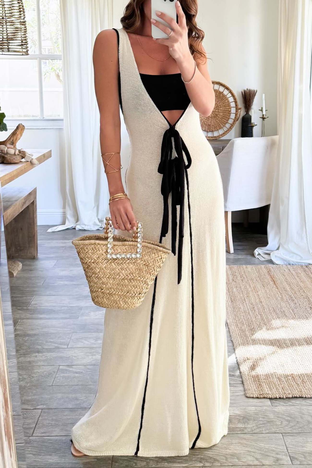 Contrast Deep V Neck Tank Dress