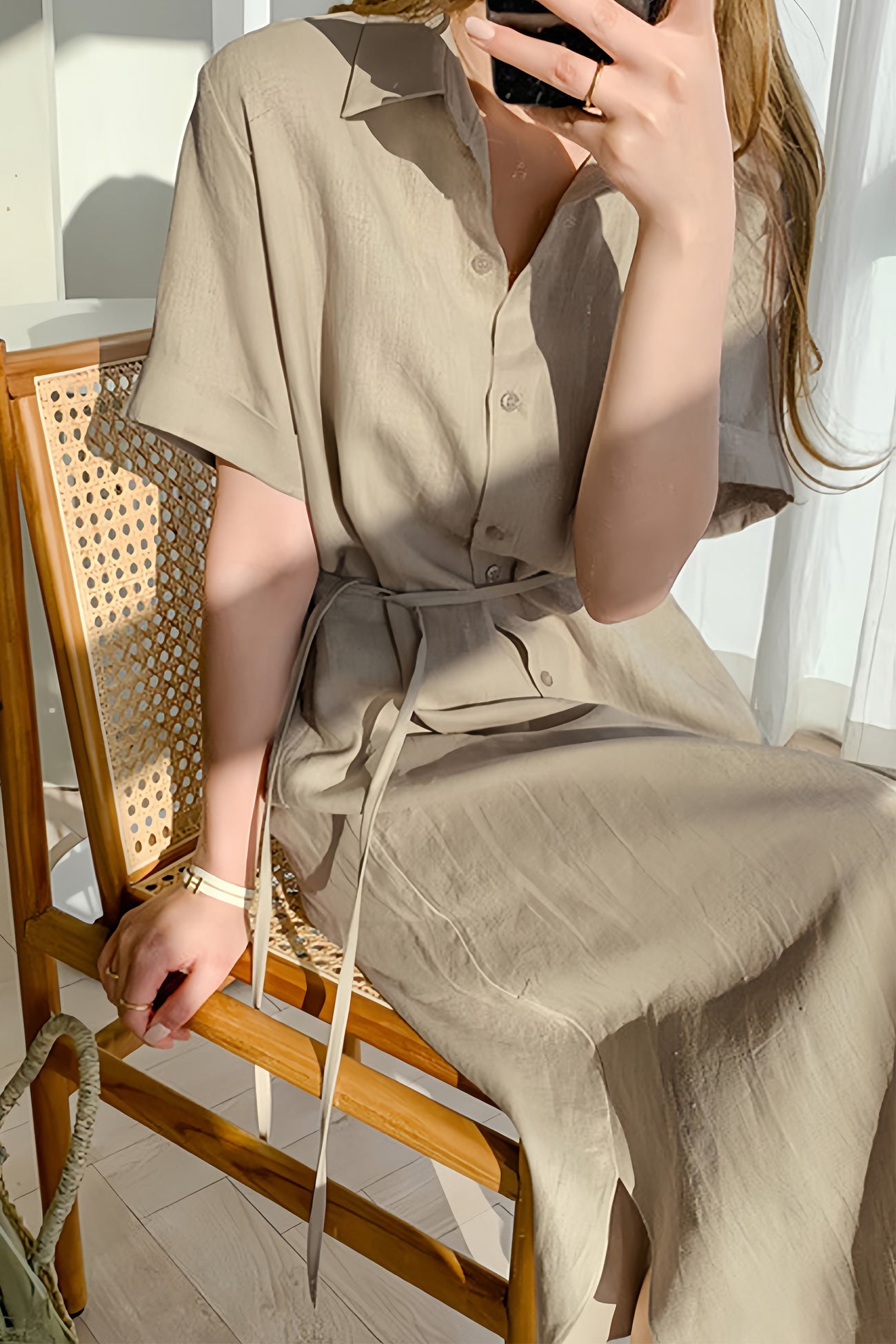 Cotton Linen Tie-waist Shirt Dress