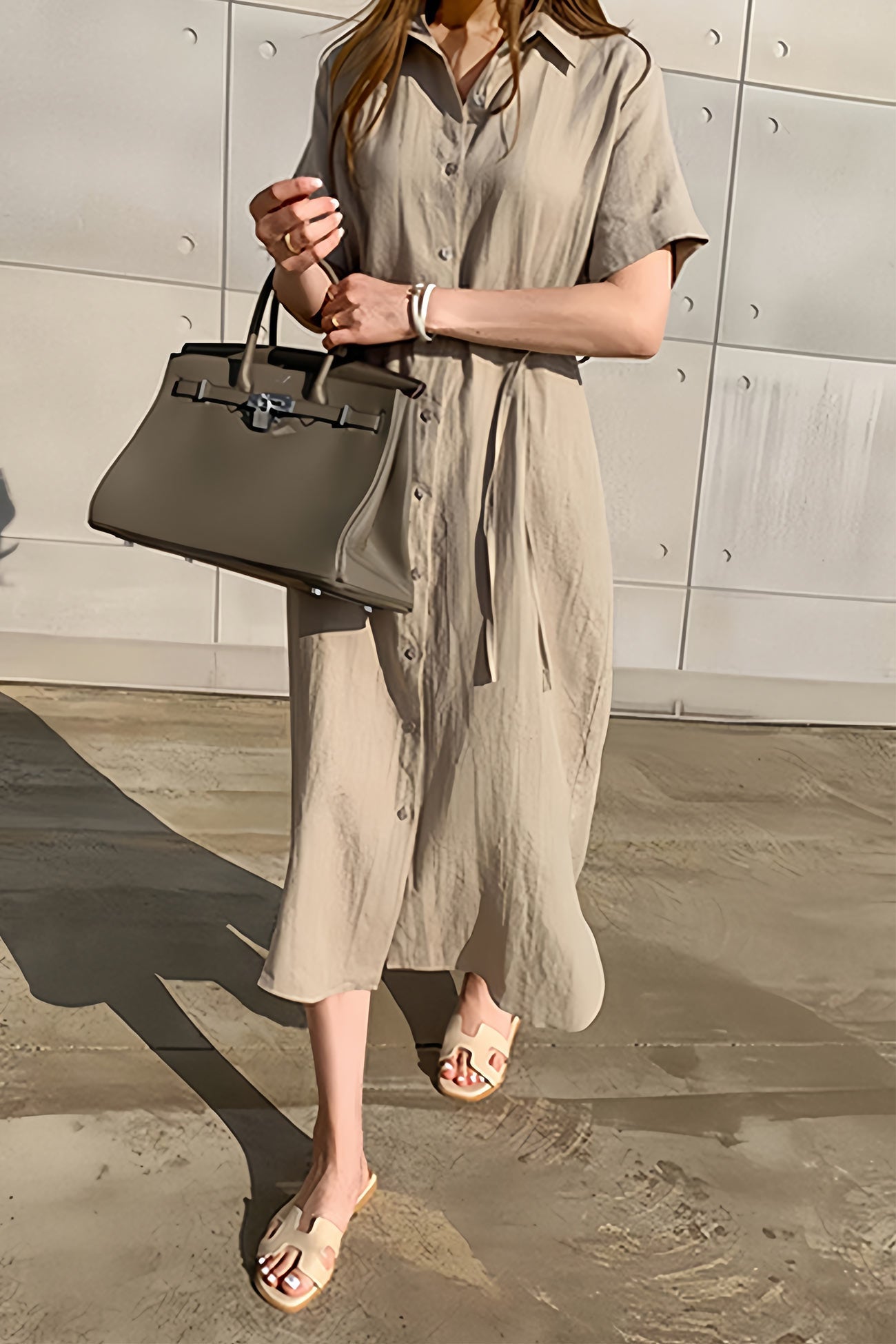 Cotton Linen Tie-waist Shirt Dress