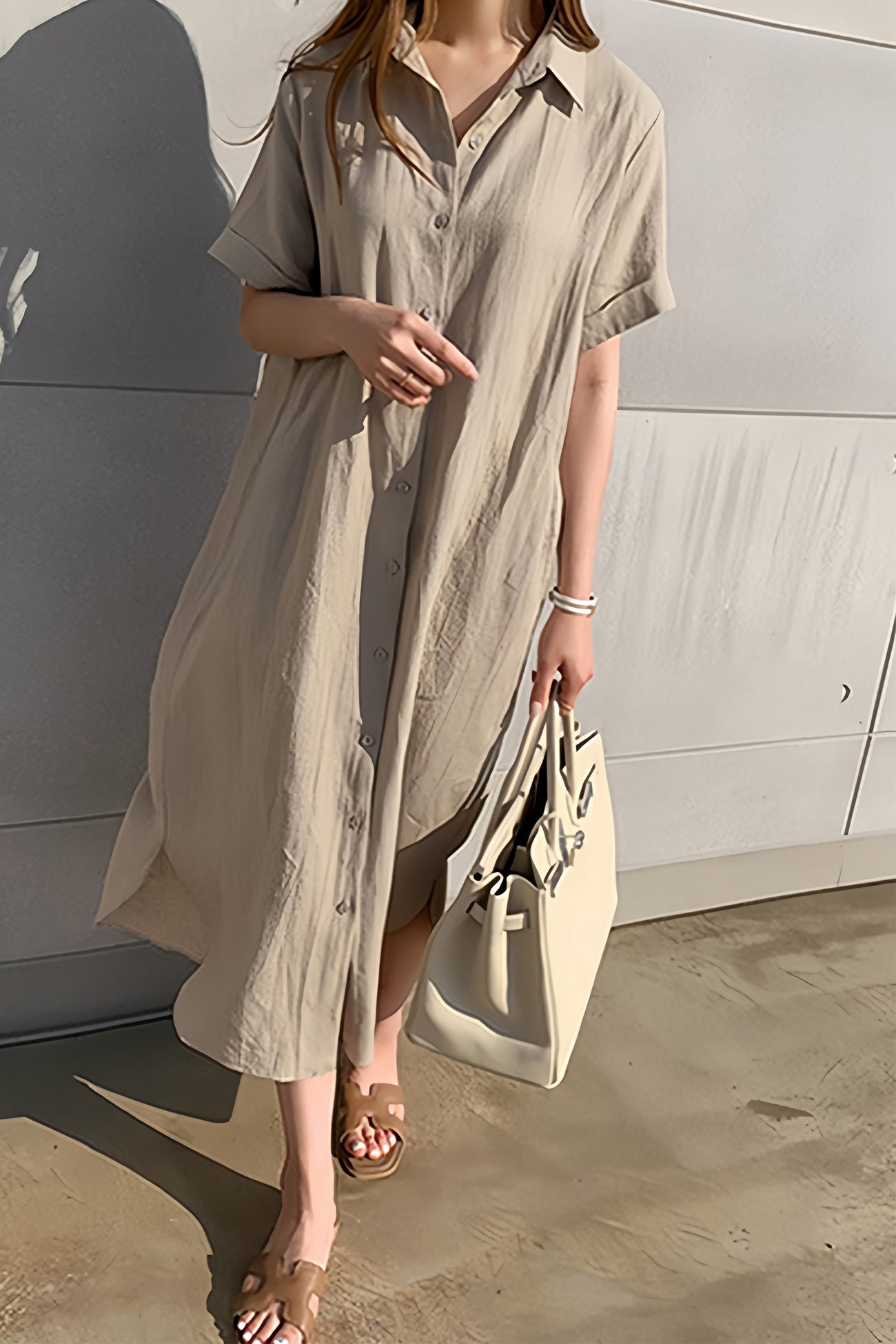 Cotton Linen Tie-waist Shirt Dress