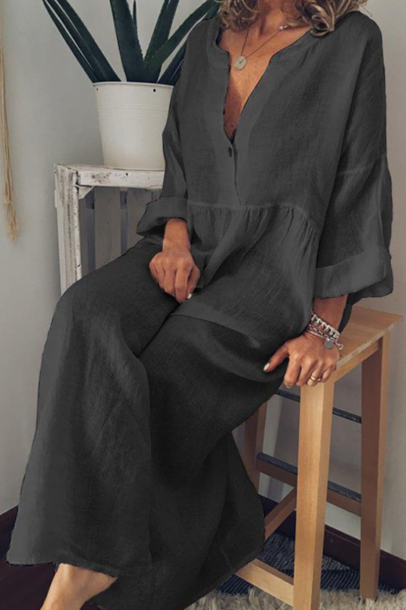 Cotton Linen Tie-waist Shirt Dress