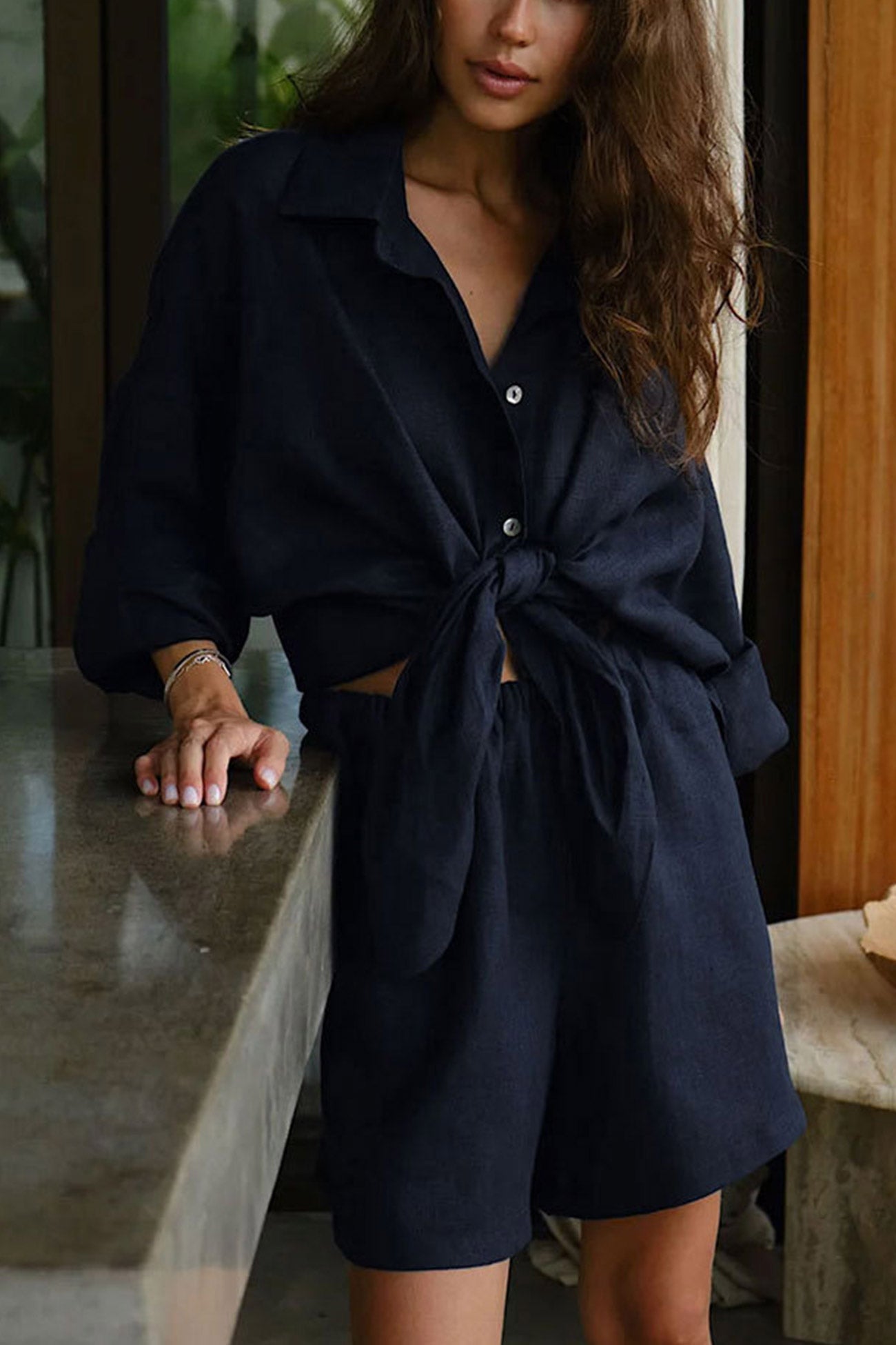 Cotton Slit Hem Blouse Shorts Suits