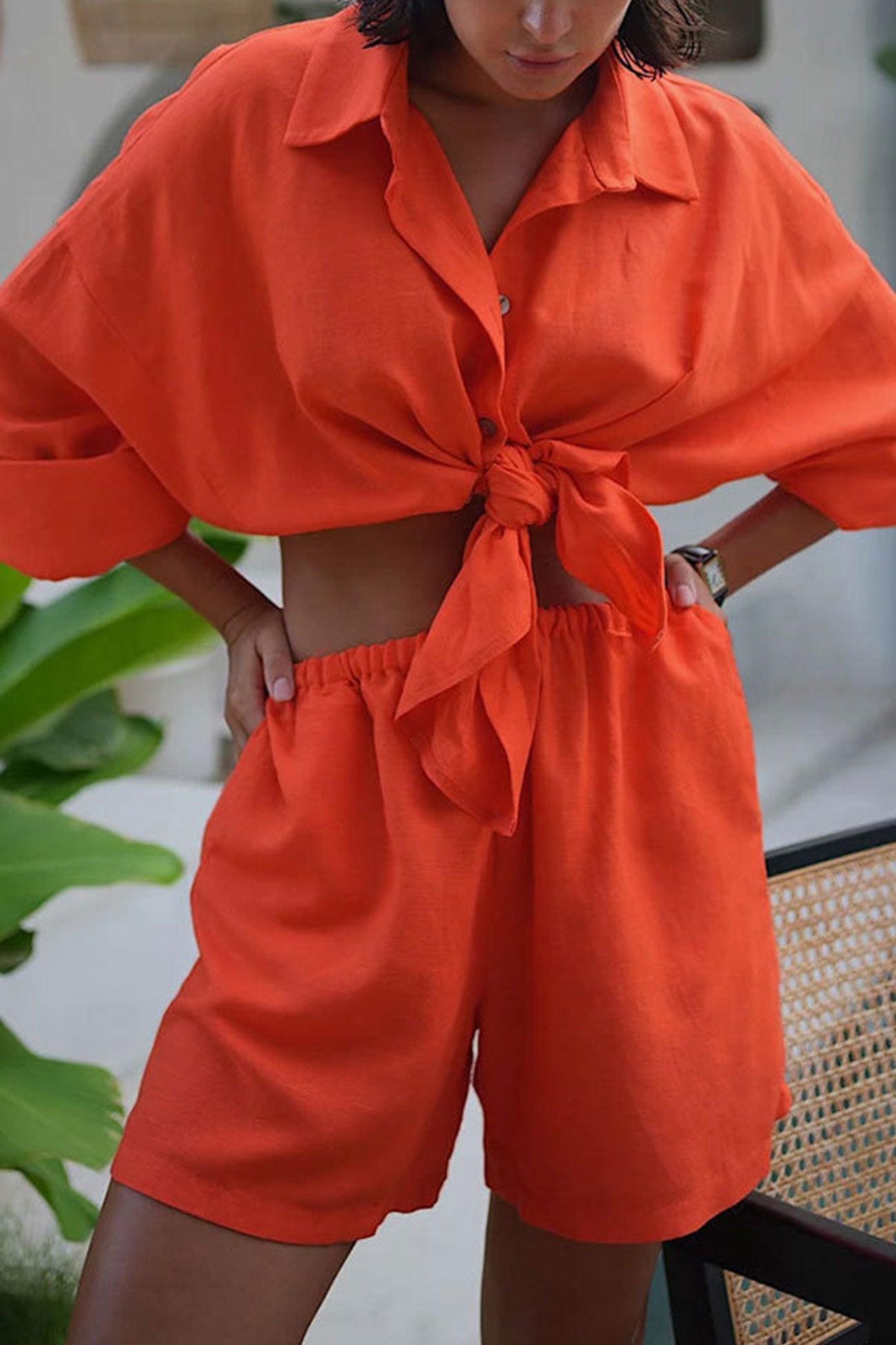 Cotton Slit Hem Blouse Shorts Suits