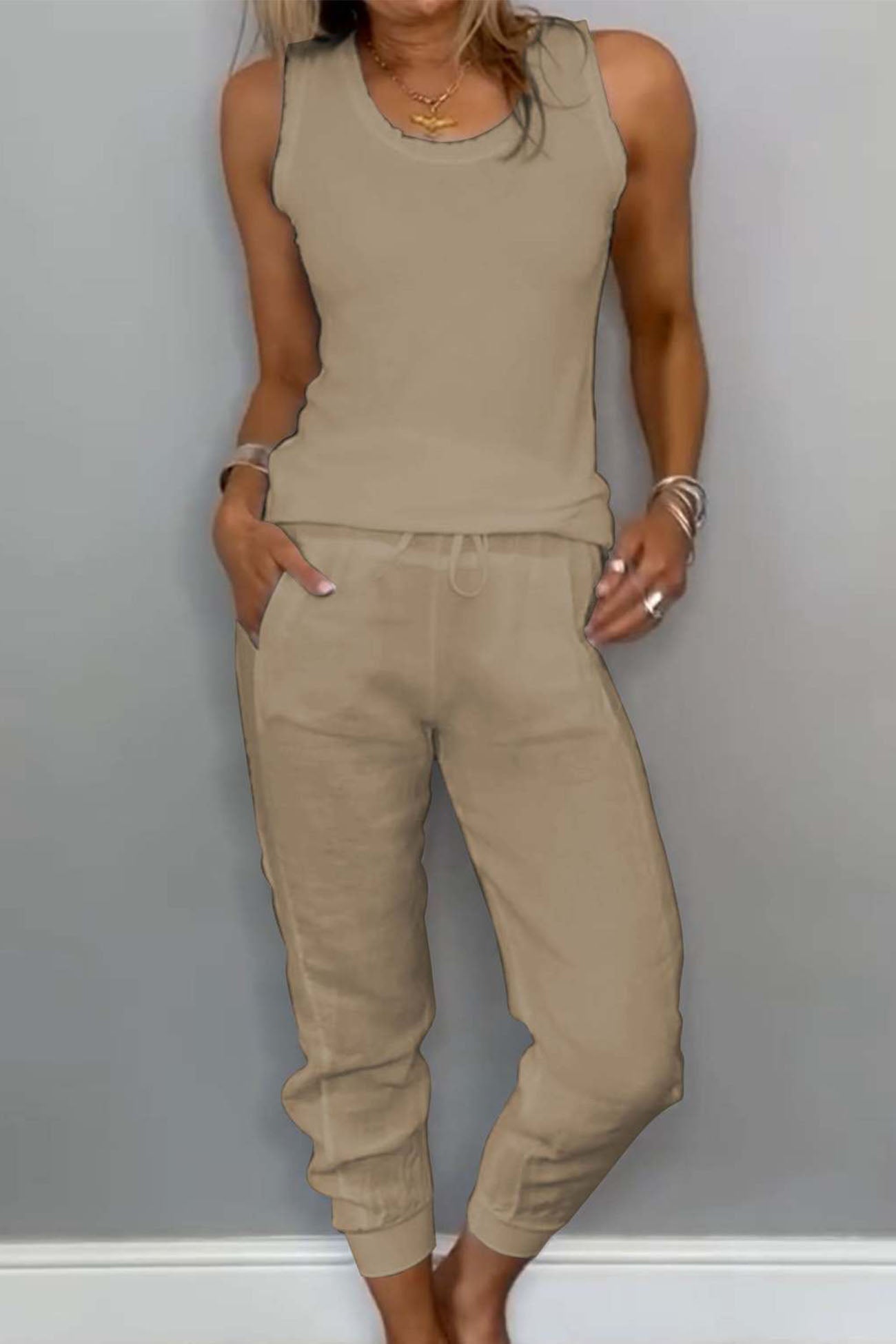 Cotton Drawstring Sleeveless Pocket Two Piece Set