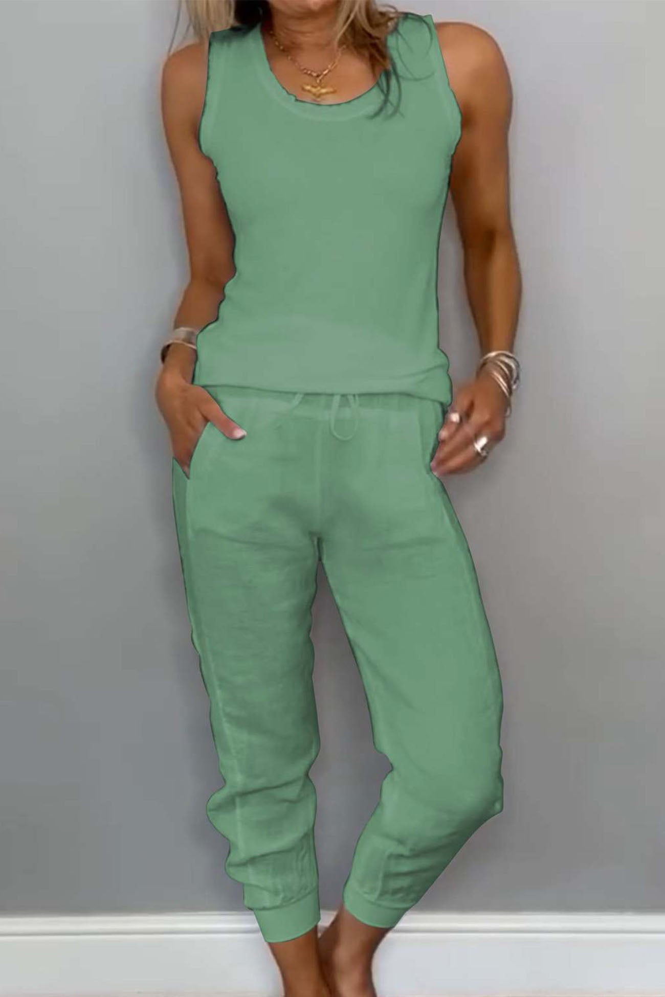 Cotton Drawstring Sleeveless Pocket Two Piece Set