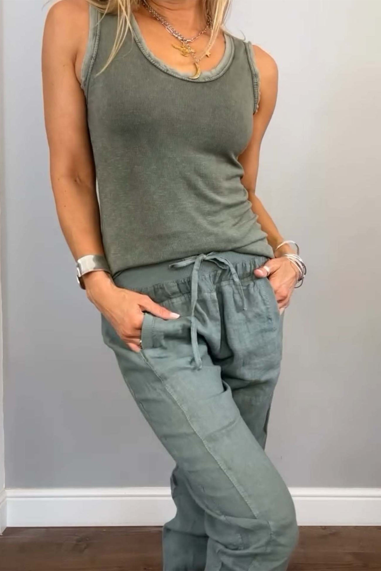 Cotton Drawstring Sleeveless Pocket Two Piece Set