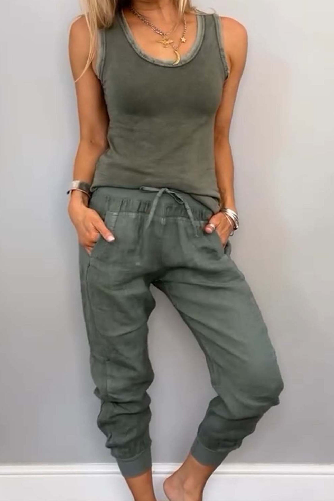 Cotton Drawstring Sleeveless Pocket Two Piece Set