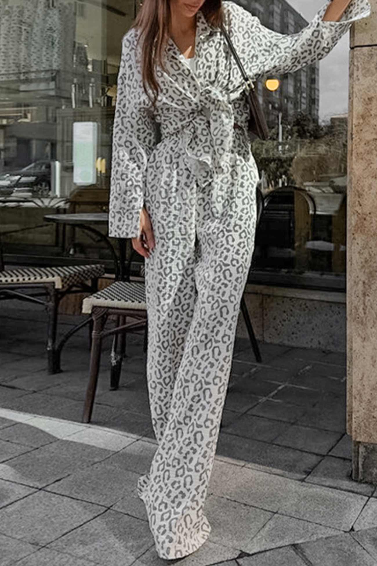 Cotton Leopard Shirt Long Pants Two-Piece Set