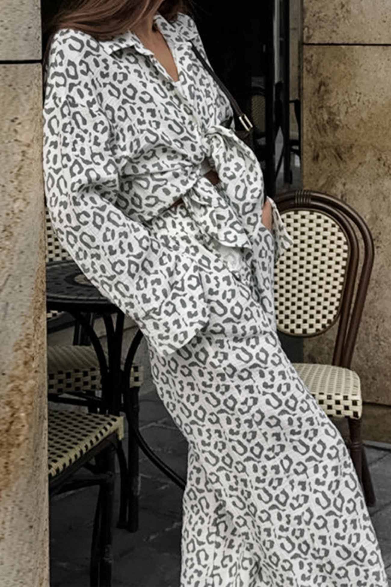 Cotton Leopard Shirt Long Pants Two-Piece Set