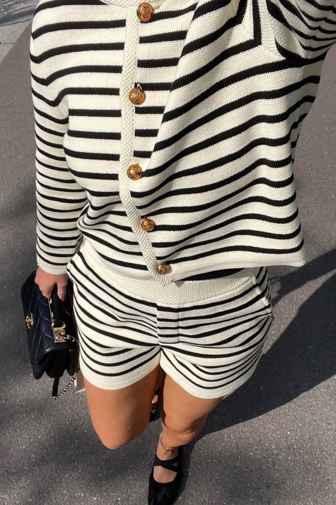 Crew Neck Striped Cardigan Shorts Set