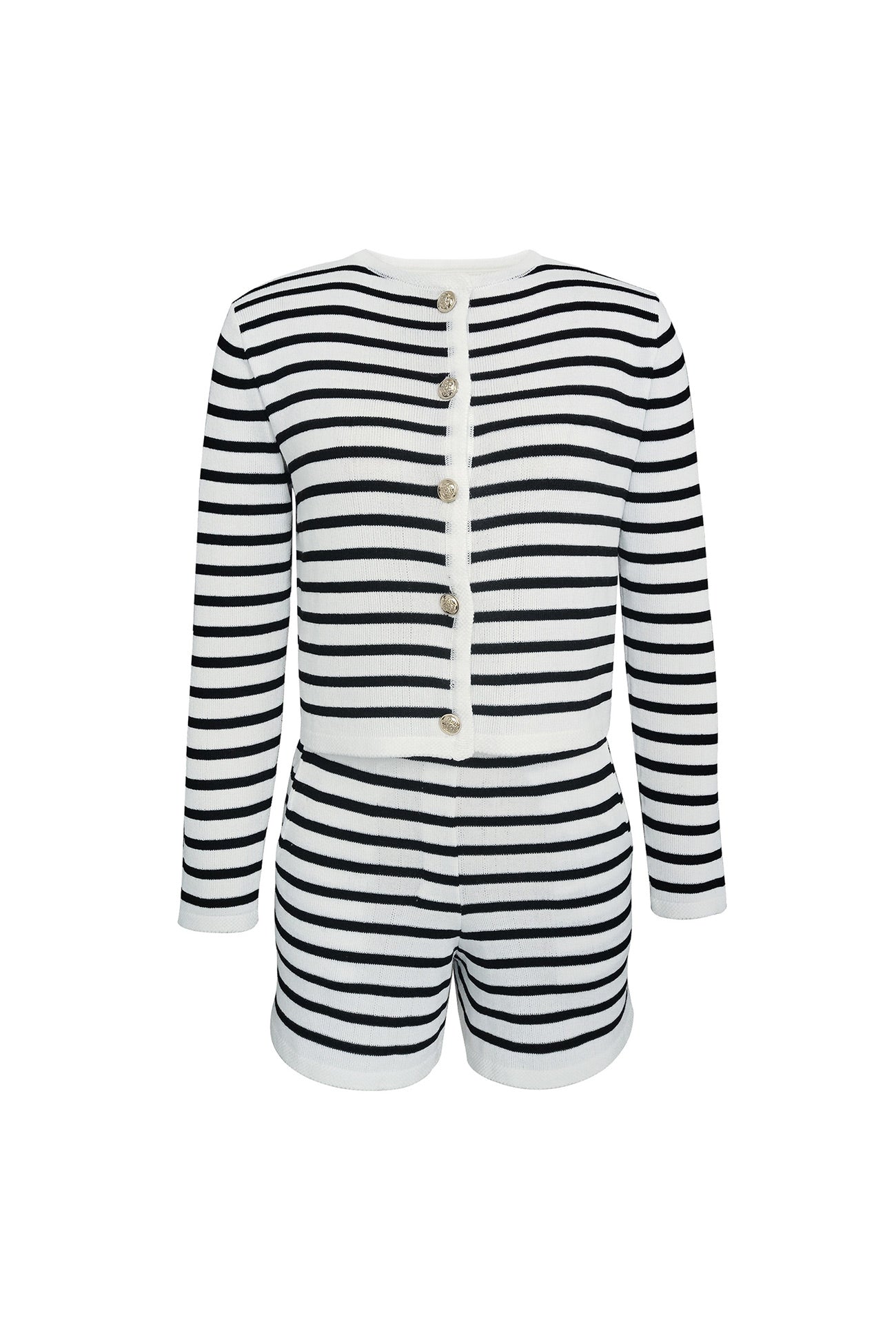 Crew Neck Striped Cardigan Shorts Set
