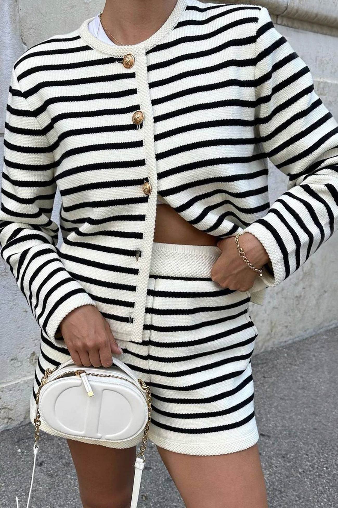 Crew Neck Striped Cardigan Shorts Set
