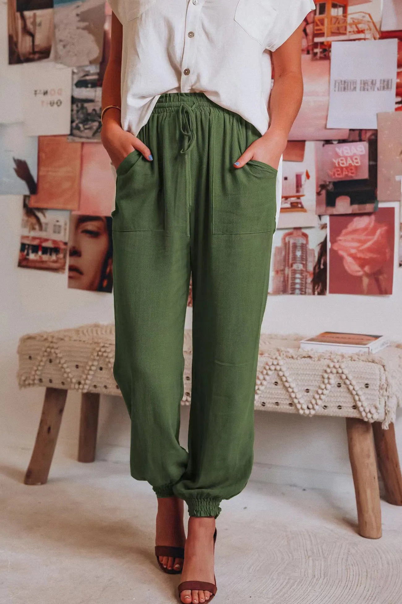 Ossaso Drawstring Solid Color Loose Long Pants