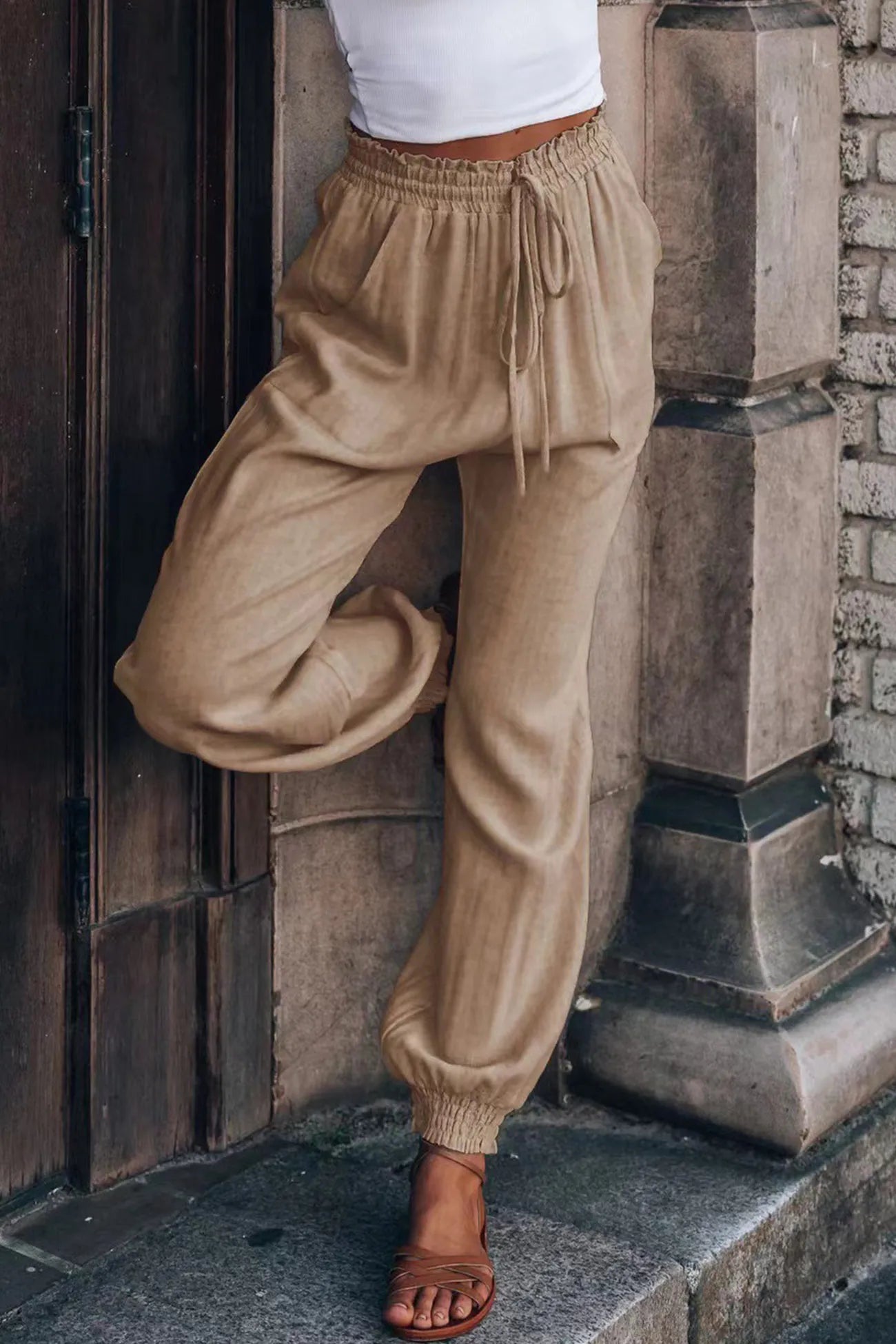 Ossaso Drawstring Solid Color Loose Long Pants