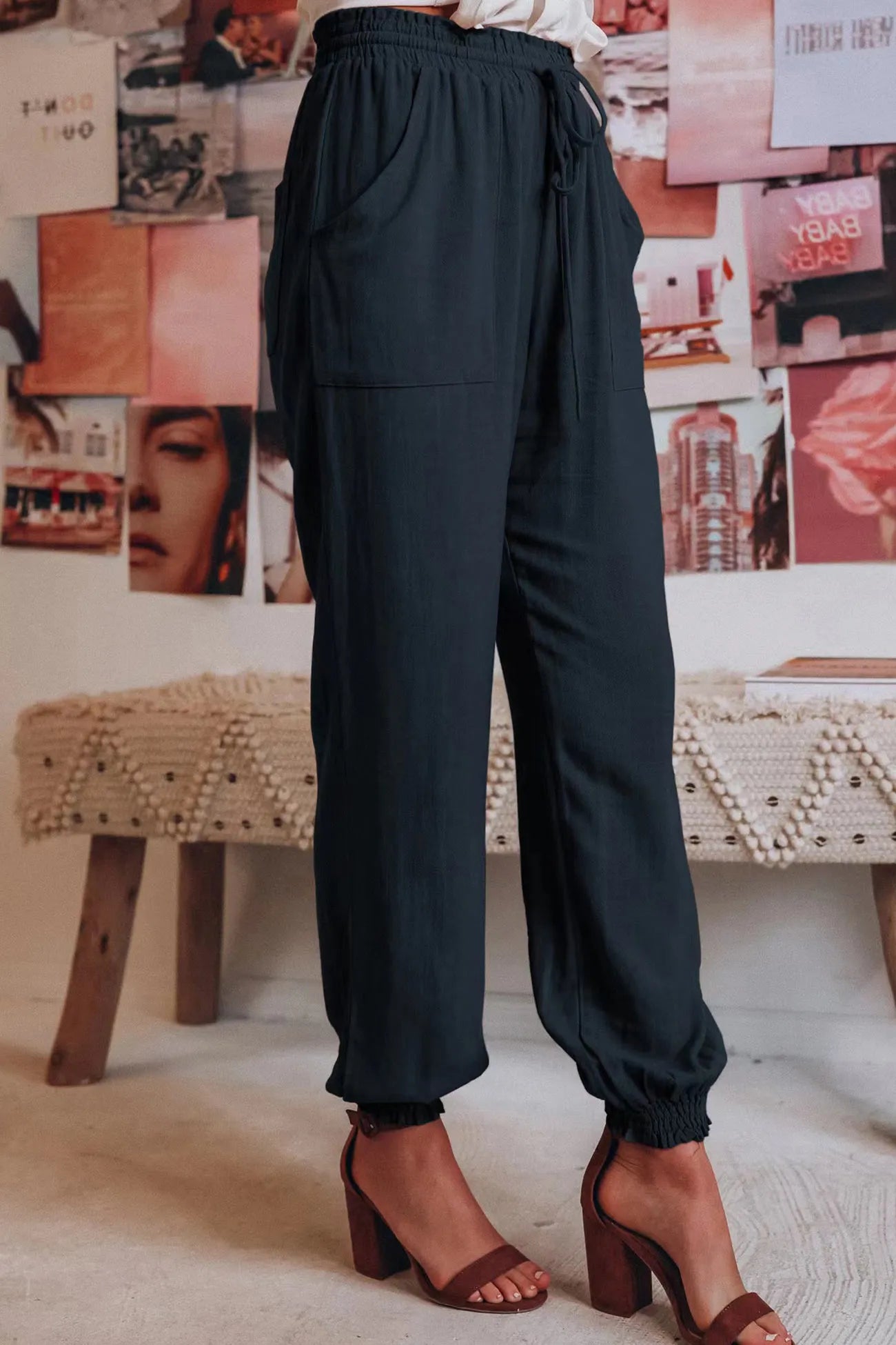 Ossaso Drawstring Solid Color Loose Long Pants
