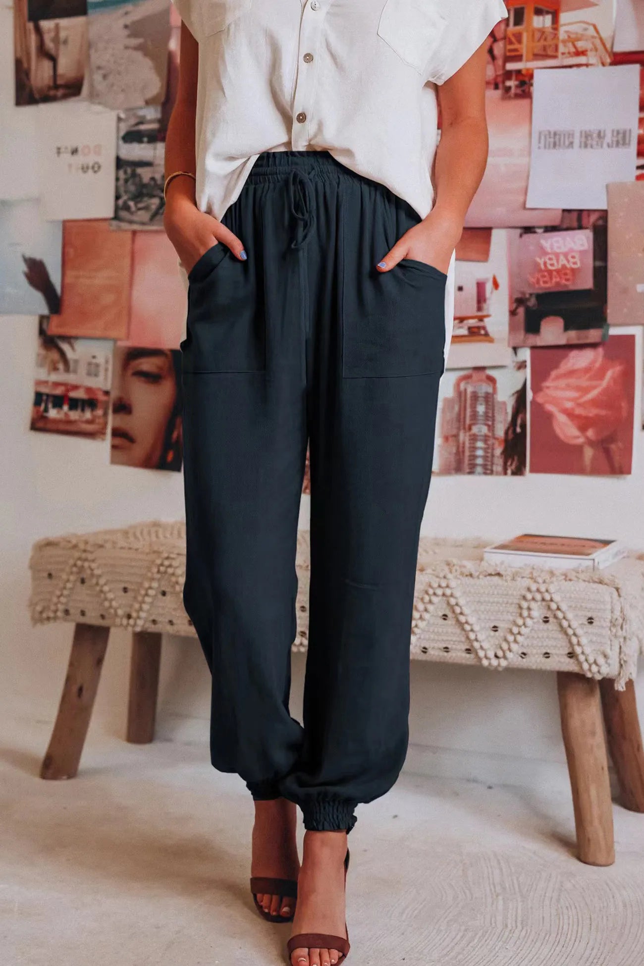 Ossaso Drawstring Solid Color Loose Long Pants