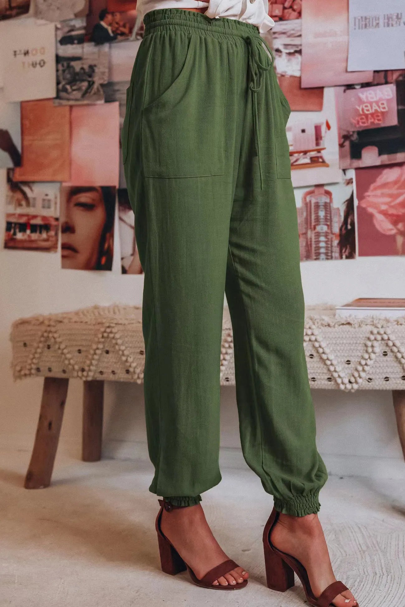 Ossaso Drawstring Solid Color Loose Long Pants