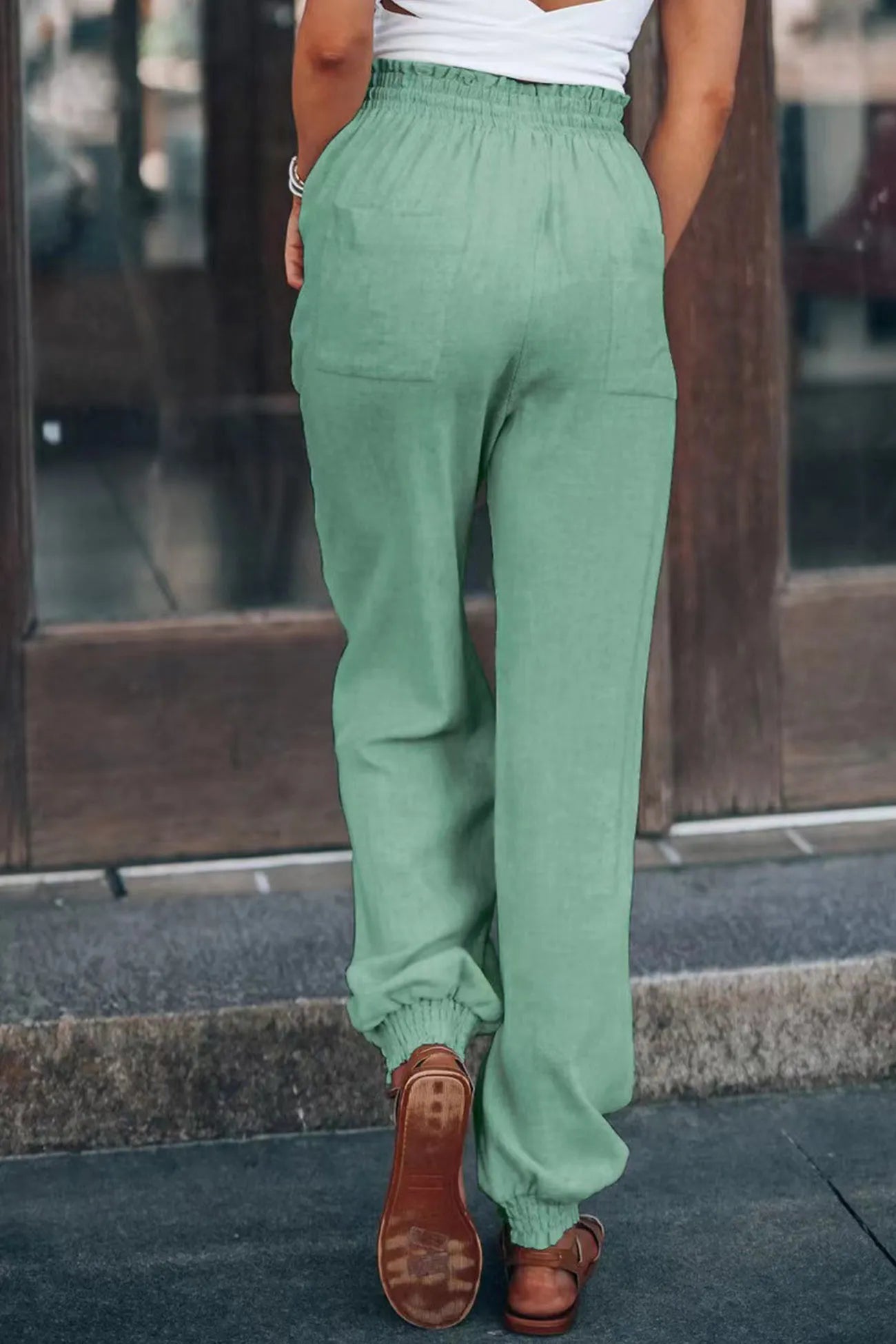 Ossaso Drawstring Solid Color Loose Long Pants